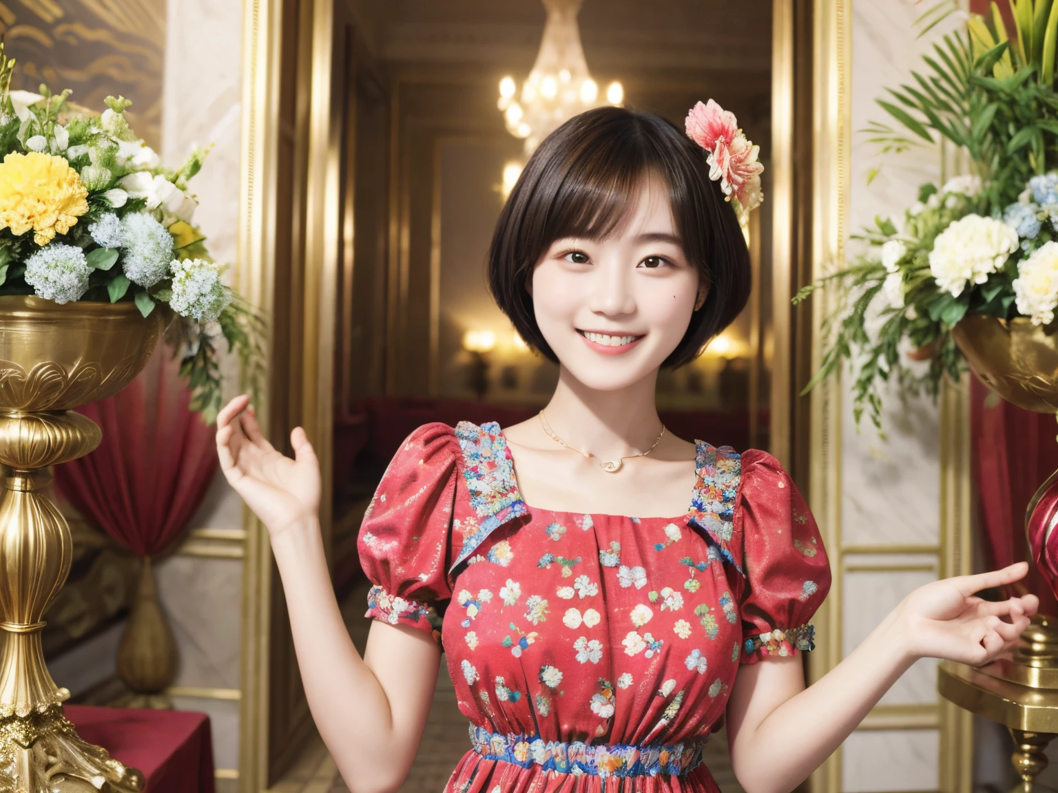 217 Short Hair, 20-year-old woman, A kind smile, Floral, (Colorful Dresses, Luxury palace)