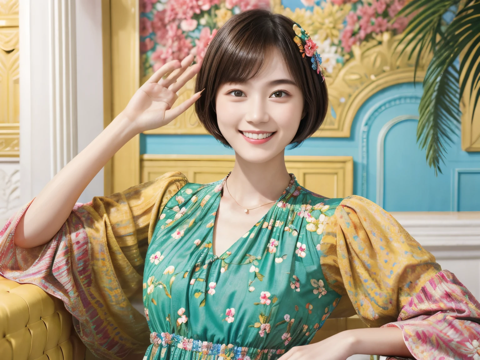 217 Short Hair, 20-year-old woman, A kind smile, Floral, (Colorful Dresses, Luxury palace)