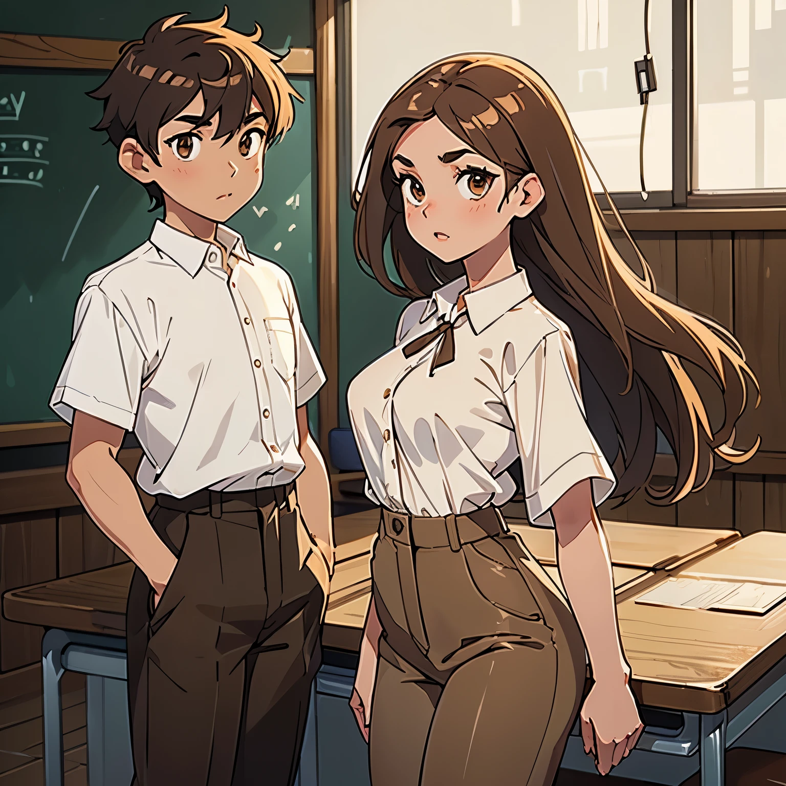 A girl and a boy, Third plane a young girl, white mask, A beautiful slim figure, small breasts, beautiful figure painting, hair Brown and long, thick lips, medium eyebrows, light brown eyes, Wearin A short-sleeved button-down shirt, and a long light brown skirt, Third plane a boy, white mask,A beautiful slim figure, beautiful figure painting, hair Brown and short, medium eyebrows, brown eyes,Wearing a white button down shirt Short sleeve , and a long light brown pants, in a classroom