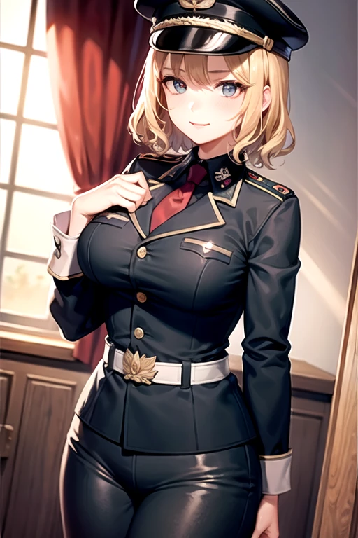 1girl, blonde hair, curly hair, short hair, hair down to chin, germany uniform, black uniform, necktie, red Edge,, black cap, military uniform, germany military black uniform, looking at viewer, mature woman, ww2, nazism 