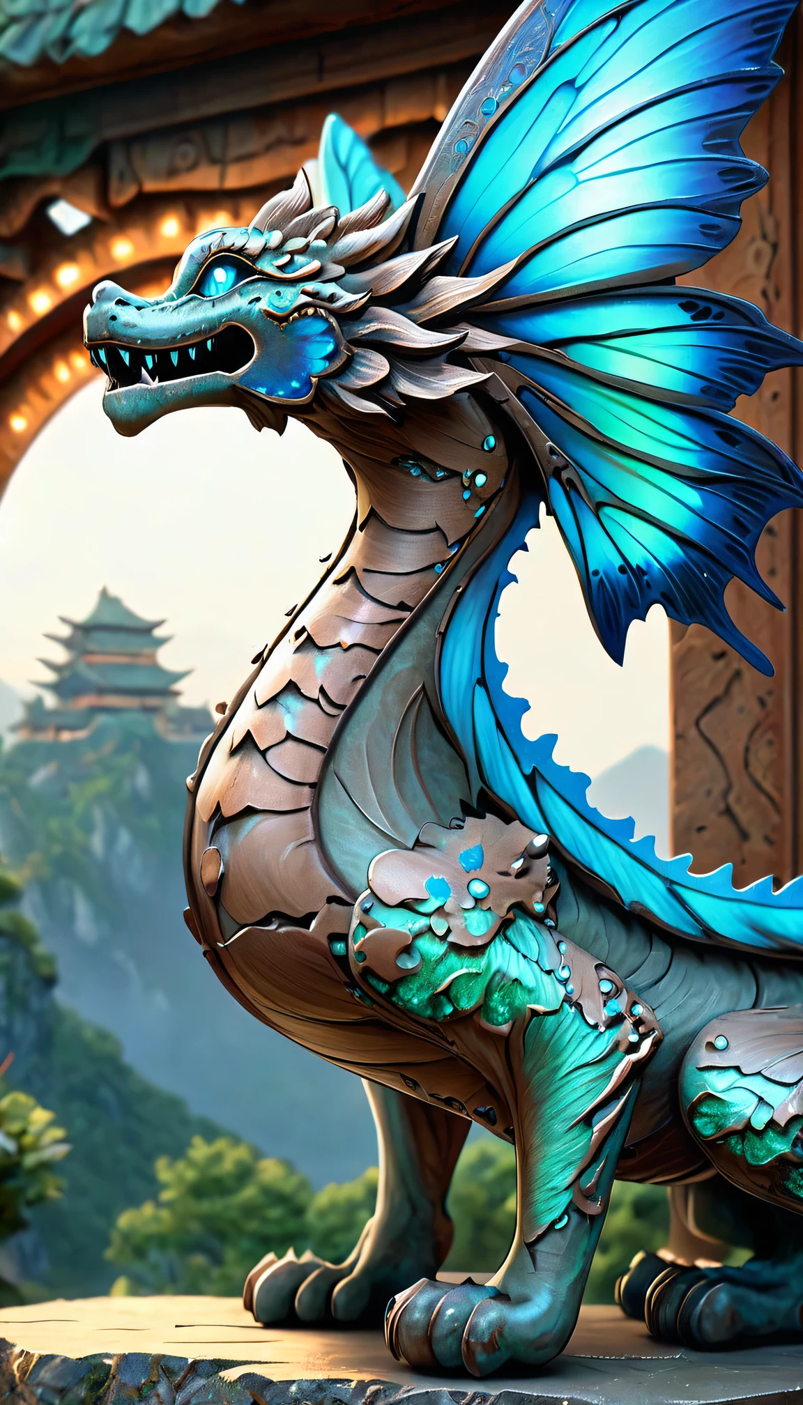 (full body,detailed,blue butterfly wings,photorealistic,masterpiece:1.2),(best quality,HD,8k),(realistic:1.37),dragon portrait,ultra-detailed,wispy smoke,sharp focus,glowing eyes,scales and textures,ethereal,serene,beautiful landscape,soft lighting,vivid colors,bokeh