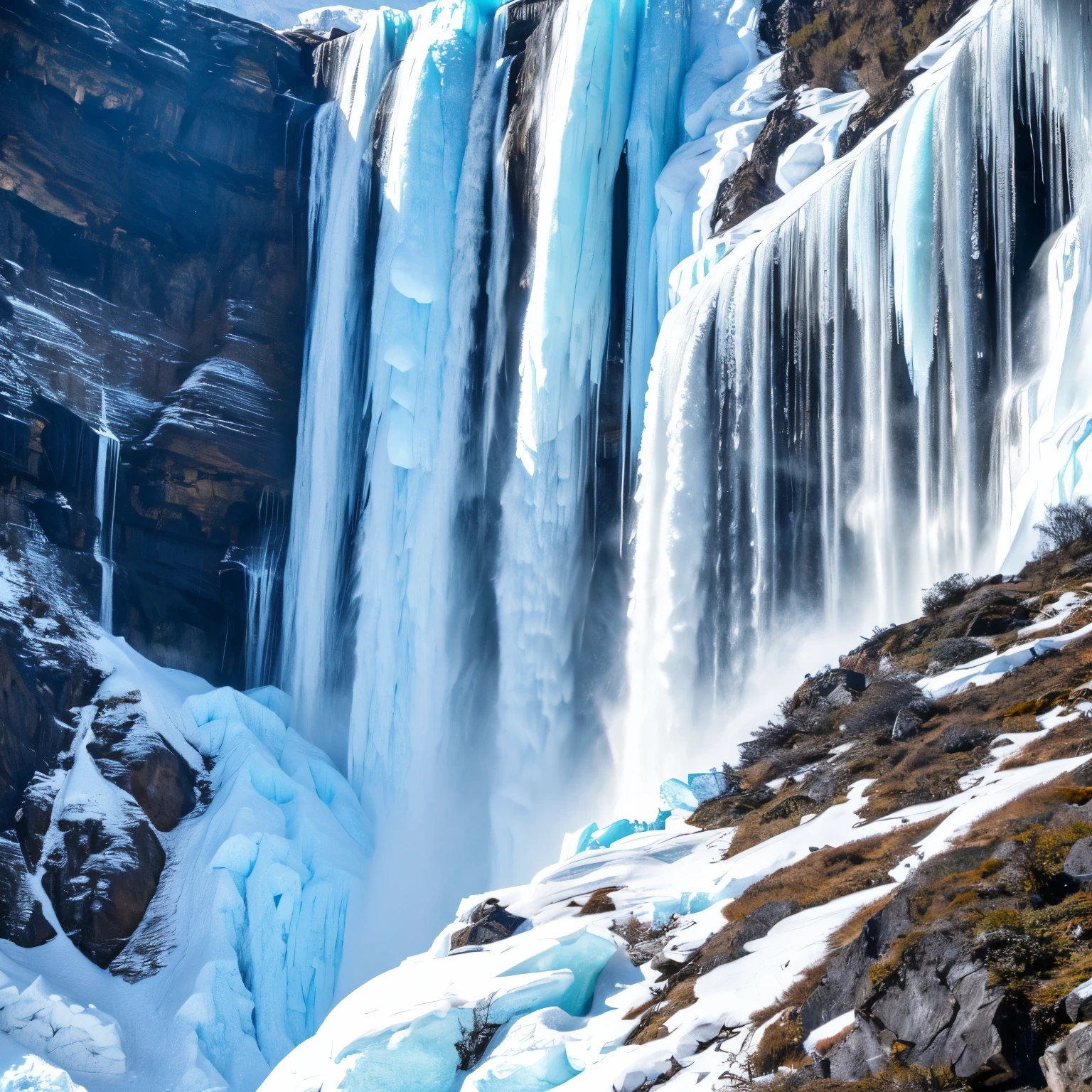 Everest tributaries、A huge waterfall completely frozen、Ice looming before our eyes、、Close-up image。