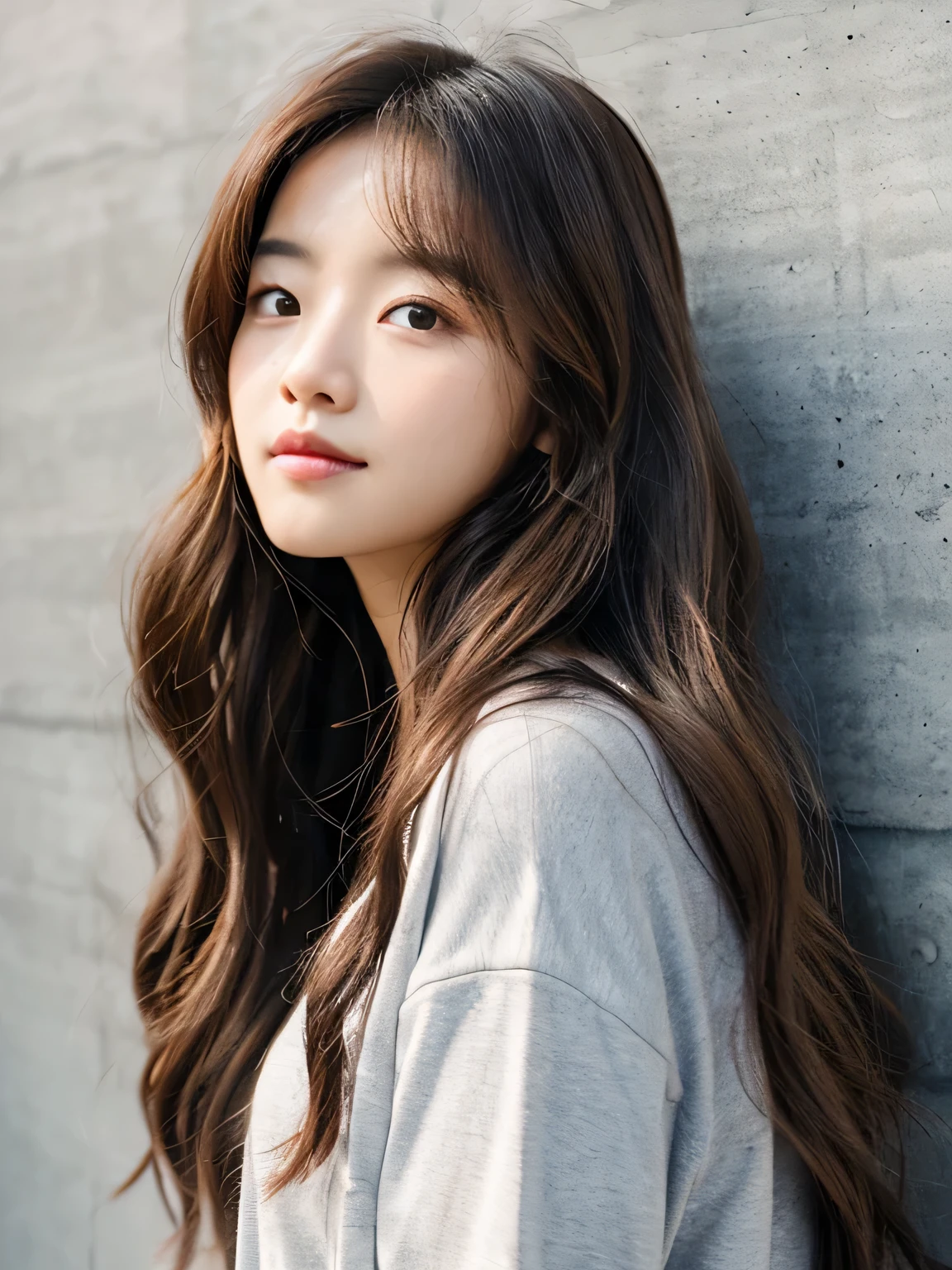 Concrete wall background,Cute face,Long Hair,Ulzzang,Long hair down,Loose waves
