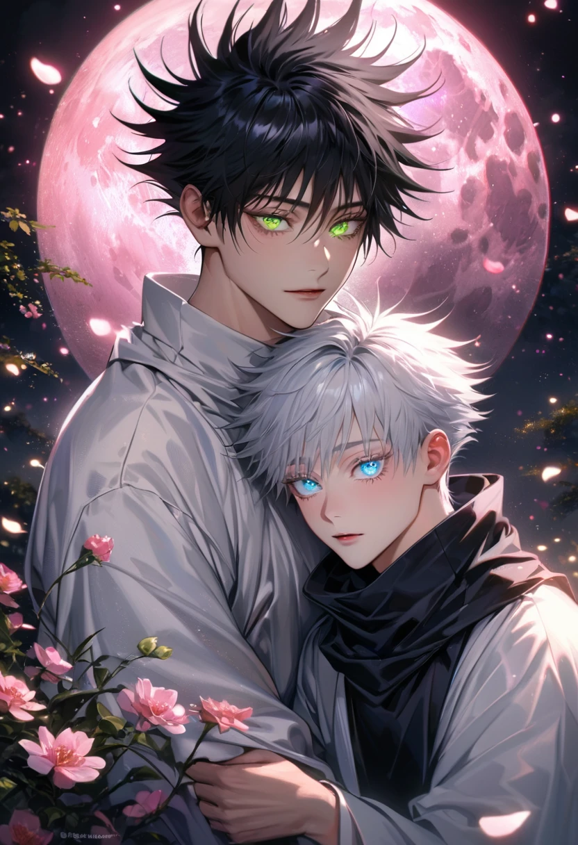 Ultra detailed, highres, absurdres, HDR, master piece, Fushiguro Megumi, black hair, green expressive eyes, Gojou Satoru, white hair with bangs, blue expressive eyes, white eyelashes, Jujutsu Kaisen, pink flowers, petals, glittering fireflies, pink moon, 2 sexy men together, gay couple, handsome, very detailed face and eyes, black scarf, white haori, love, glittering eyes, realistic face,