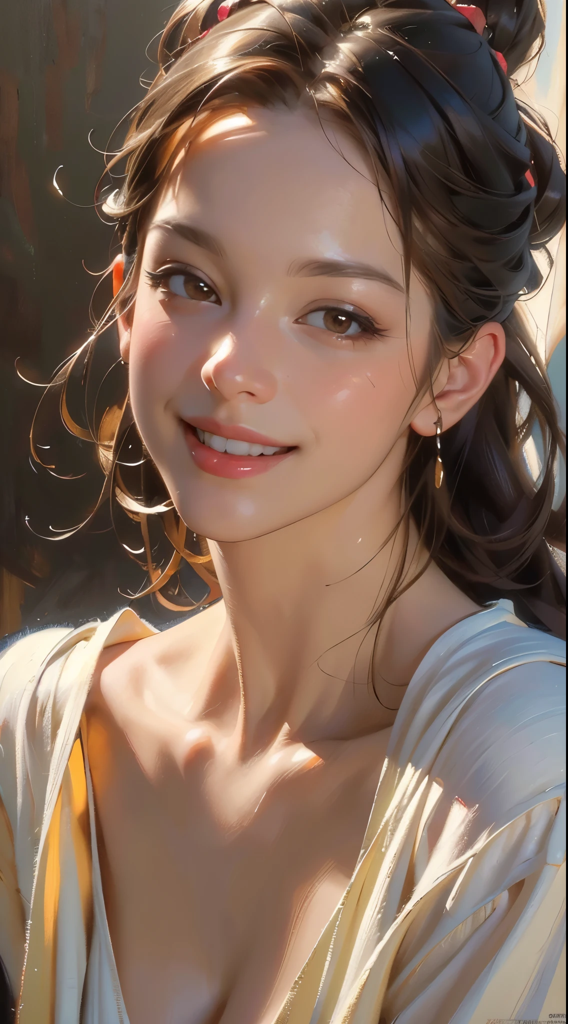 Oil painting, large brushstrokes, (best quality,4k,8k,highres,masterpiece:1.2),ultra-detailed,(realistic,photorealistic,photo-realistic:1.37),illustration, attractive woman, humble smile, perfect body, feminine, cute and playful pose, vibrant, expressive, inspired by smeglejj, bright colorful brilliant