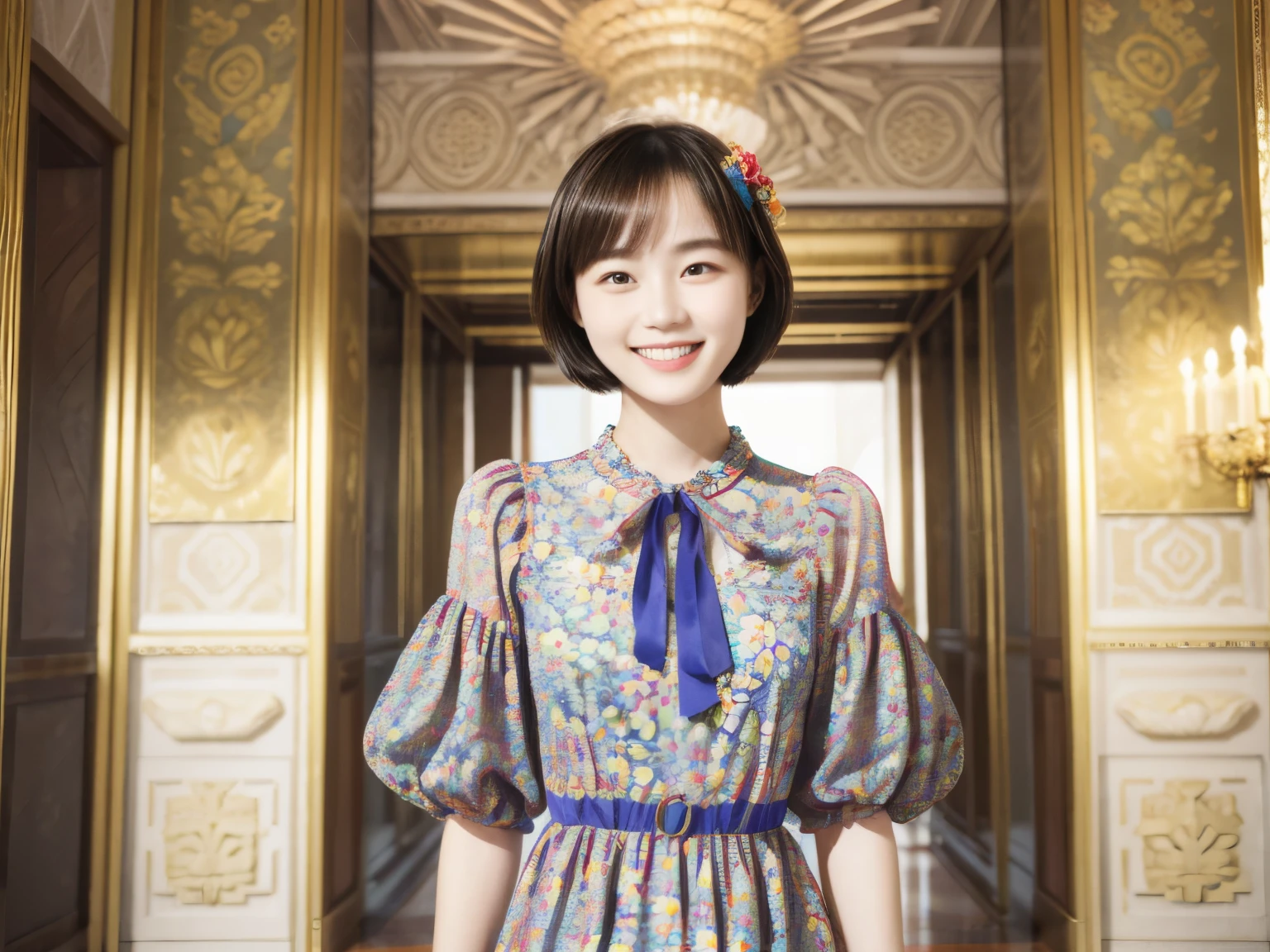 217 Short Hair, 20-year-old woman, A kind smile, Floral, (Colorful Dresses, Luxury palace)