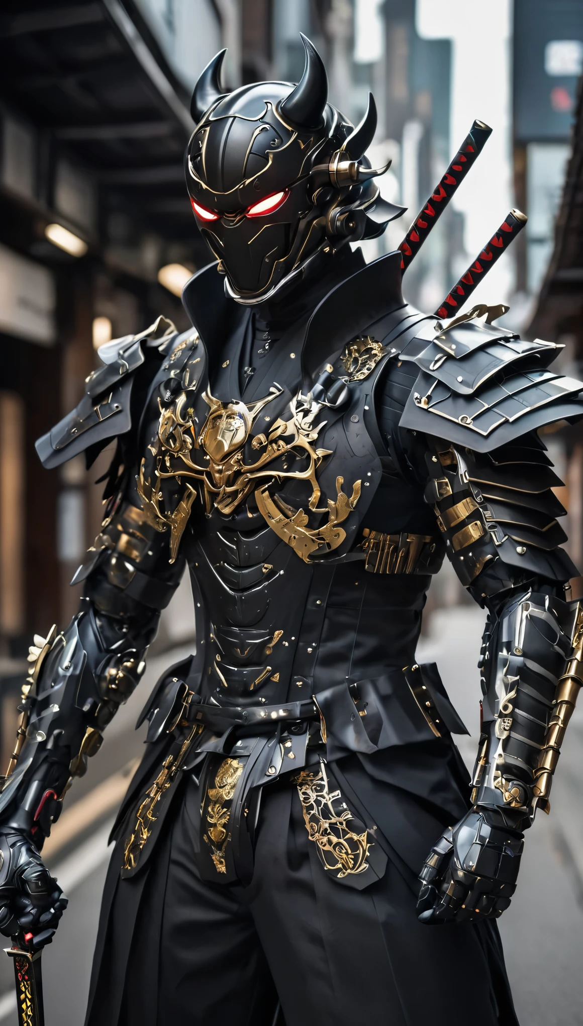 araffe dressed in a black suit holding a sword and a sword, cyborg samurai, cyber japan samurai armor, cyberpunk samurai, very beautiful cyberpunk samurai, full samurai armor spiderman, bio - mechanical ninja samurai, portrait of a cyberpunk samurai, cyber japan style armor, cyber japan armor, celtic and cyberpunk armor, black bull samurai, intricate assasin mecha armor