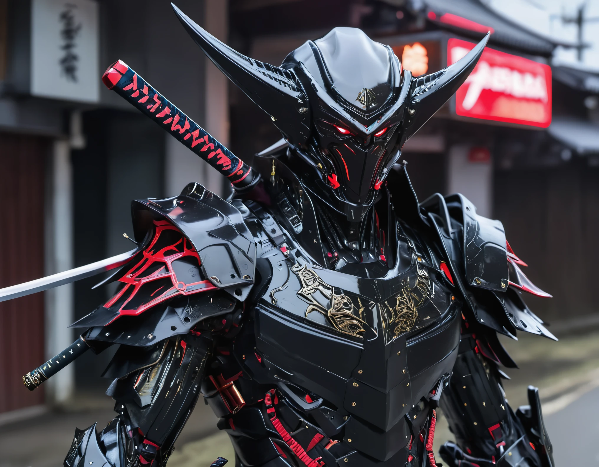 araffe dressed in a black suit holding a sword and a sword, cyborg samurai, cyber japan samurai armor, cyberpunk samurai, very beautiful cyberpunk samurai, full samurai armor spiderman, bio - mechanical ninja samurai, portrait of a cyberpunk samurai, cyber japan style armor, cyber japan armor, celtic and cyberpunk armor, black bull samurai, intricate assasin mecha armor