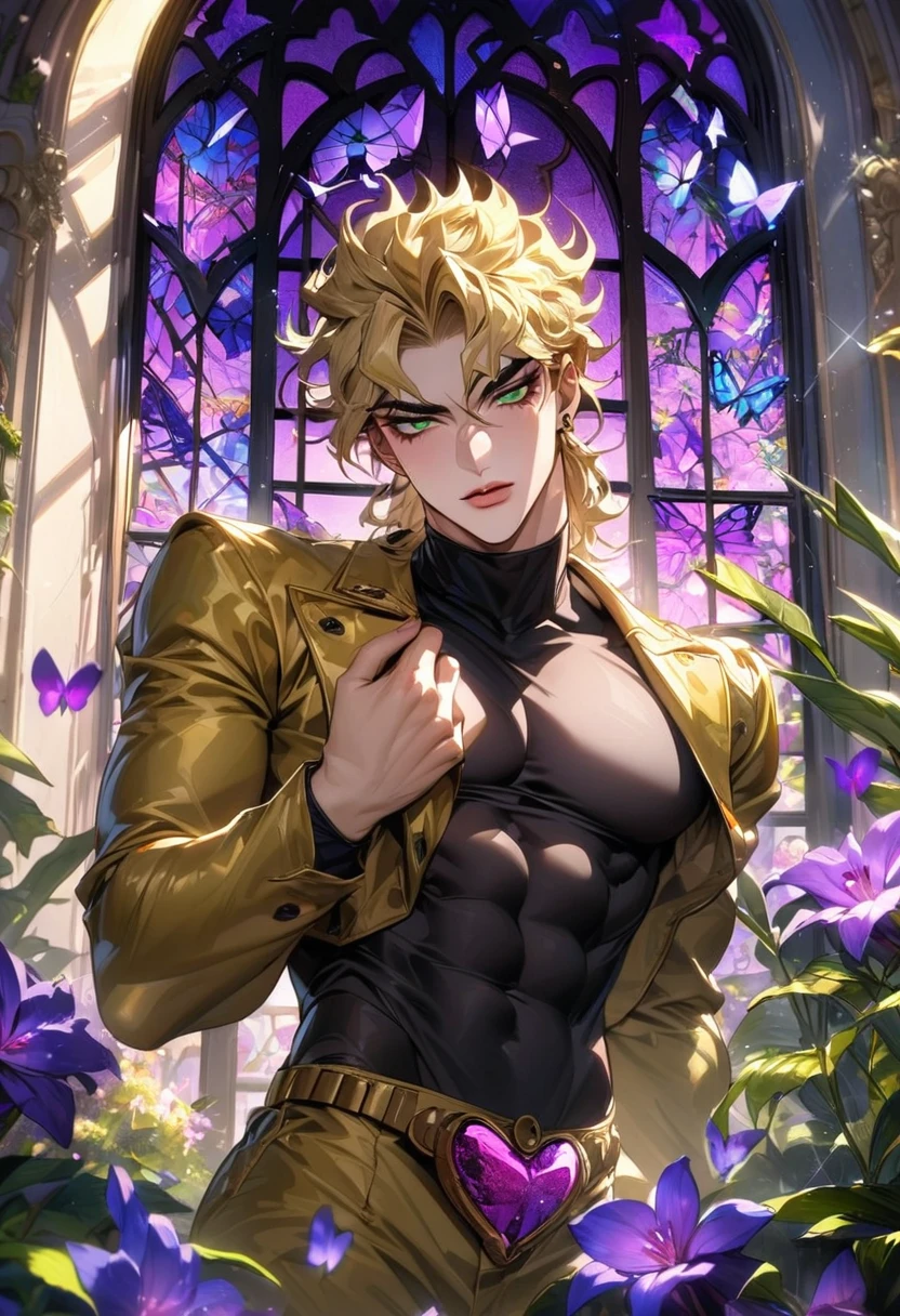 absurdres, highres, ultra detailed, HDR, master piece, best quality, Dio brando, blond hair, expressive green eyes, jojo bizarre adventure, golden jacket, black tight shirt, solo, sexy man, handsome, glass stained window, purple shining butterflies, purple lilies, purple petals, garden