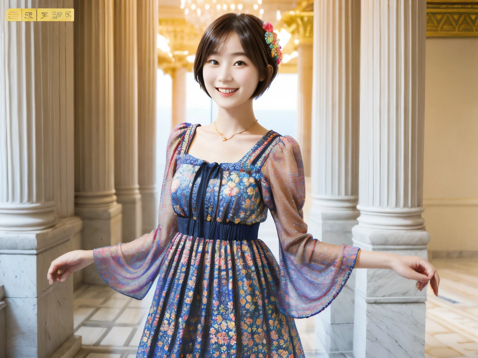 217 Short Hair, 20-year-old woman, A kind smile, Floral, (Colorful Dresses, Luxury palace)