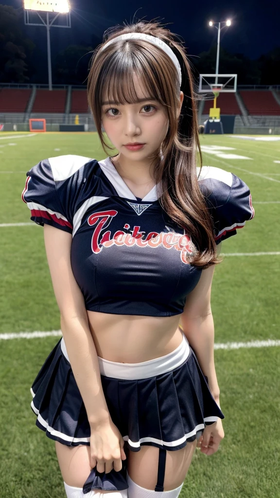 masterpiece, best quality, illustration, Super detailed, fine details, High resolution, 8K,wall paper, perfect dynamic composition,(Details High quality, realistic depiction of eyes:1.3), Photo of Japanese actress in American football studium, ponytail, night, dark, cheerleader, jumping, short skirt, large breasts, sneaker, black hair color, Big Natural Color Lip, perfect body shape, bold sexy pose, crying a little、Harajuku style、20 year old girl、cute type、ta、beautiful legs, hposing Gravure Idol