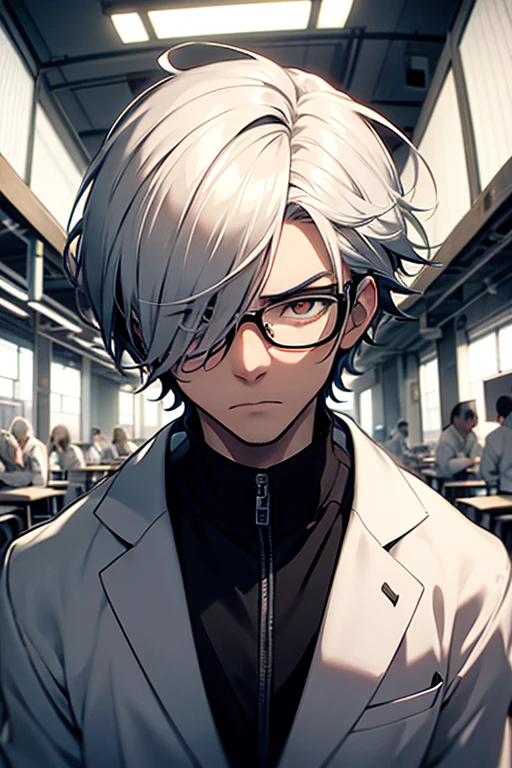 monochrome,masterpiece, male focus,white hair, hair over eyes, very short hair, a man wearing white coats,18 age, angry, horrified, fisheye, from below, sideways, wide shot, masterpiece, ccurate, anatomically correct, super detail, high details, high quality, highres, best quality, 4K, UHD,glasses,solo,Laboratory,