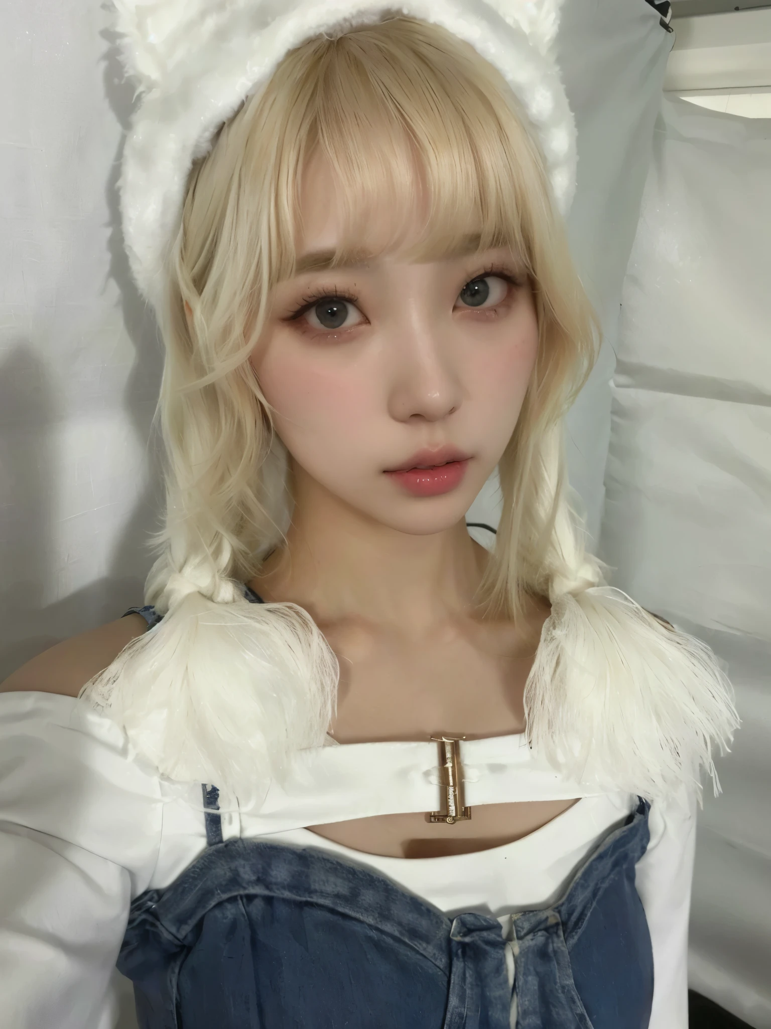 Chica araffe con un sombrero de gato blanco y un mono de mezclilla azul., ulzzang, flequillo blanco, flequillo esponjoso, Lalisa Manobal, cabello con flequillo blanco, heonhwa choe, pelo largo y blanco y flequillo, jinyoung shin, sun yunjoo, jaeyeon nam, pale korean adorable face, pelo blanco con flecos, peinado de corte hime blanco, blonde hair, cute face, realista, angelical