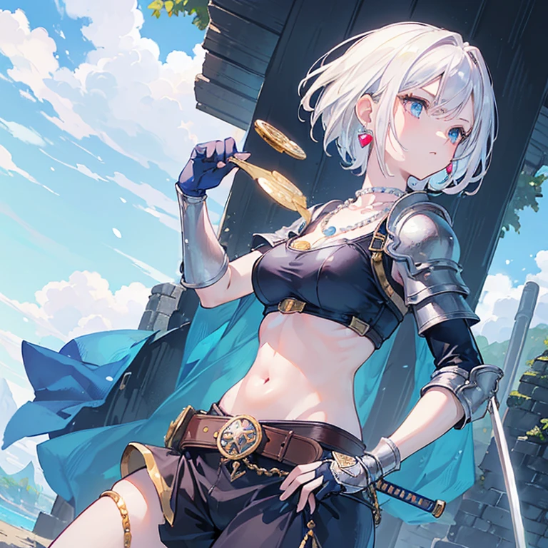 (masterpiece, best quality:1.1), thief (dq3), 1girl, solo, short hair, white hair, blue eyes, medium breasts, pink gloves, jewelry, pearl necklace, earrings, belt, sword, yellow breastplate, black bodysuit, bag, (coin, sword on hip:1.2), (dutch angle, dynamic pose, from side:1.3), (blue skies, nature:1.2) 