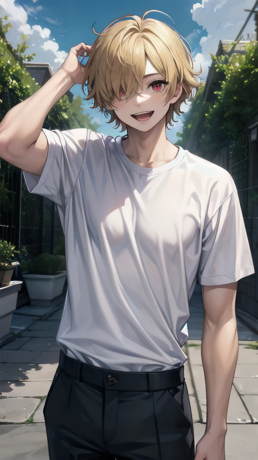 (masterpiece), best quality, hair over one eye, perfect face, (1boy, man), solo, blond hair, messy hair, muscle growth, short sleeves, white shirt BREAK black pants BREAK standing, red eyes BREAK garden, outdoors, cloudy sky, day, smile, looking at viewer , open mouth,