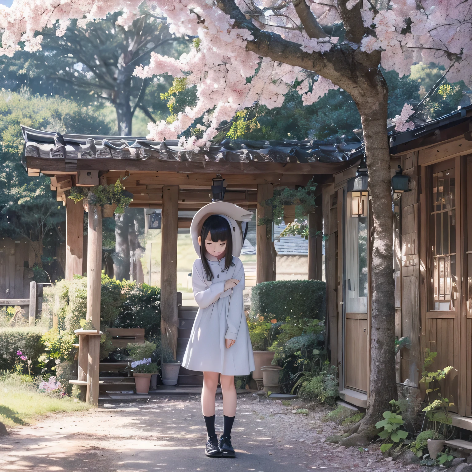 (long descending stairs leading to the sea), Japanese Shinto shrine, scenery, sunlight, wind, horizon in the distance,
1girl, standing, (blue and white Japanese uniform), from back, looking at viewer, medium bob, (Glowing blonde-yellow with hair), shiny wavy hair, blue pupils, Blue eyes, light smile, long hair, twinkle in the eye, small breasts, petals kanzashi, braided bangs, cute, (Wisteria:1.4), Fantastic, falling petals:1.4,