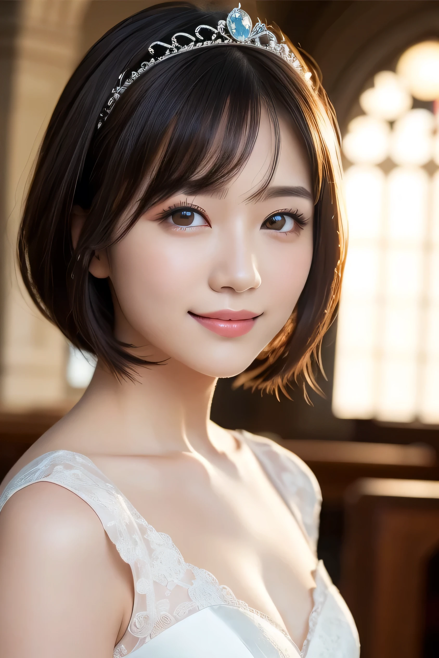 (highest quality:1.5)、(Realistic:1.5)、(1 person:1.5)、(Medium Shot:1.5)、Very detailed、High resolution、8k wallpaper、、Small breasts、Natural color lips、Cute Smile、Japanese women、20-year-old girl、Beautiful and elegant face、Perfect and beautiful face、Big eyes、Brunette's eyes、Beautiful and elegant face、Perfect and beautiful double eyelids、Natural Bangs、Beautiful thin nose、Beautiful Skin、chestnut brown hair、Medium Bob Hair、Shortcuts、Natural Bangs、Perfect and beautiful face、Slim face and figure、(looking at the camera)、Bright lighting、Professional Lighting、Forward lighting、Natural smile、church、princess-Line wedding dress、tiara、Beautiful cleavage、