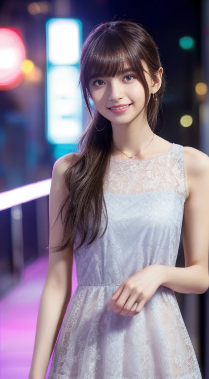 8k, On the table, RAW Photos, The best quality at its best, Realistically, Highly detailed CG Unity 8k wallpaper, Depth of written boundary, Cinema lighting, Lens flare brilliance, Ray Tracing, (Very beautiful face, Beautiful Lips, Cute eyes), An exquisitely crafted face, ((Very delicate skin)) 1 girl in, Dark Night, Deep Shadow, Beautiful girls, Idol, 1 girl, (Very slim and slender fit muscular body:1.3), ((View your viewers)),(Big smile:1.3), (Fashion City Night, Dark Night, (Neon Light), (Ambiguous background), Fashion Street Night),(No people in the background:1.3), Beautiful earrings, Bangles, Choker Necklace, Lace pantyhose, Clear Eyes, Walking on foot, (Pale-skinned), (Big eyes facing forward, (Brown hairy body shot), (()), (()), , (View your viewers:1.3) Avas, Very slim, huge , back track, (Rear Projection), focusing, In front of eyebrows,(((lace mini dress))), Thick thighs,