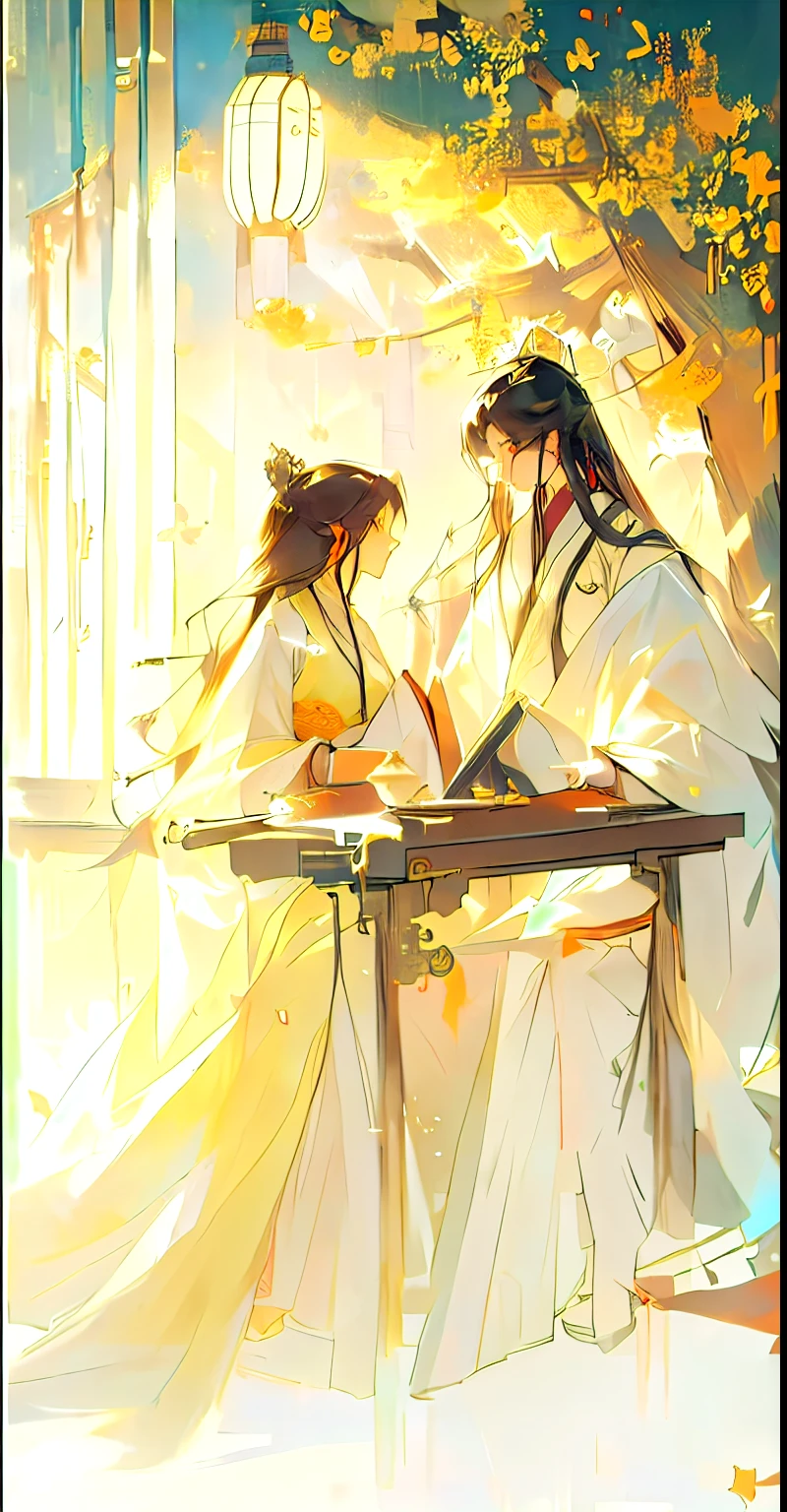 Painting of a couple sitting at the table and reading a book, author:Yang Jie, author:Cold plum, yiqiang and shurakrgt, Long flowing hair and robes, author:Li Song, by Zeng Jing, author:Fan Qi, author 王鹗, palace , Girl wearing Hanfu, Beautifully depicted, by Shitao, by Li Fangying