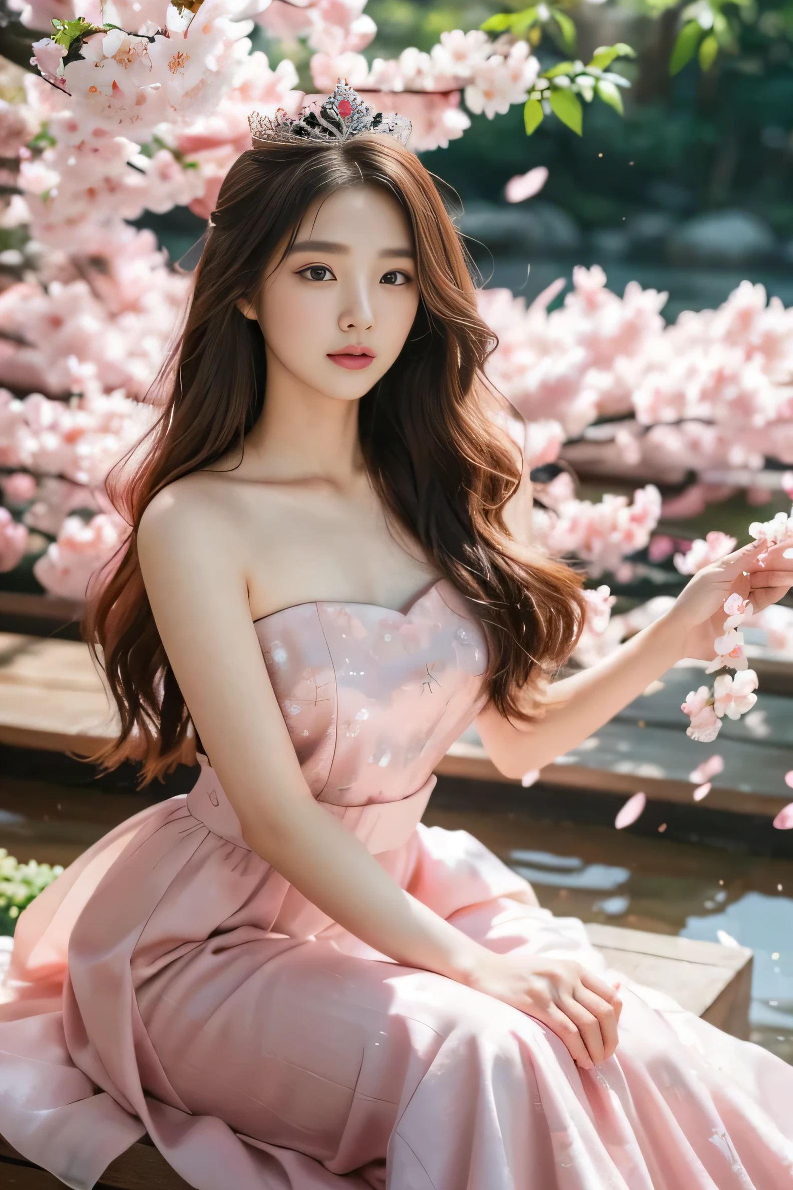 Detailed face 18 years old young Korean girl long brown wavy hair beautiful wear a pink long Sleeveless strapless luxury queen wedding dress Tiny red Ruby crown and Ruby colar take a photo in Japanese sakura garden with lot of sakura flower fly low-angle shot, cool-toned color grading, soft focus, epic fantasy with her hand hold her long skirt