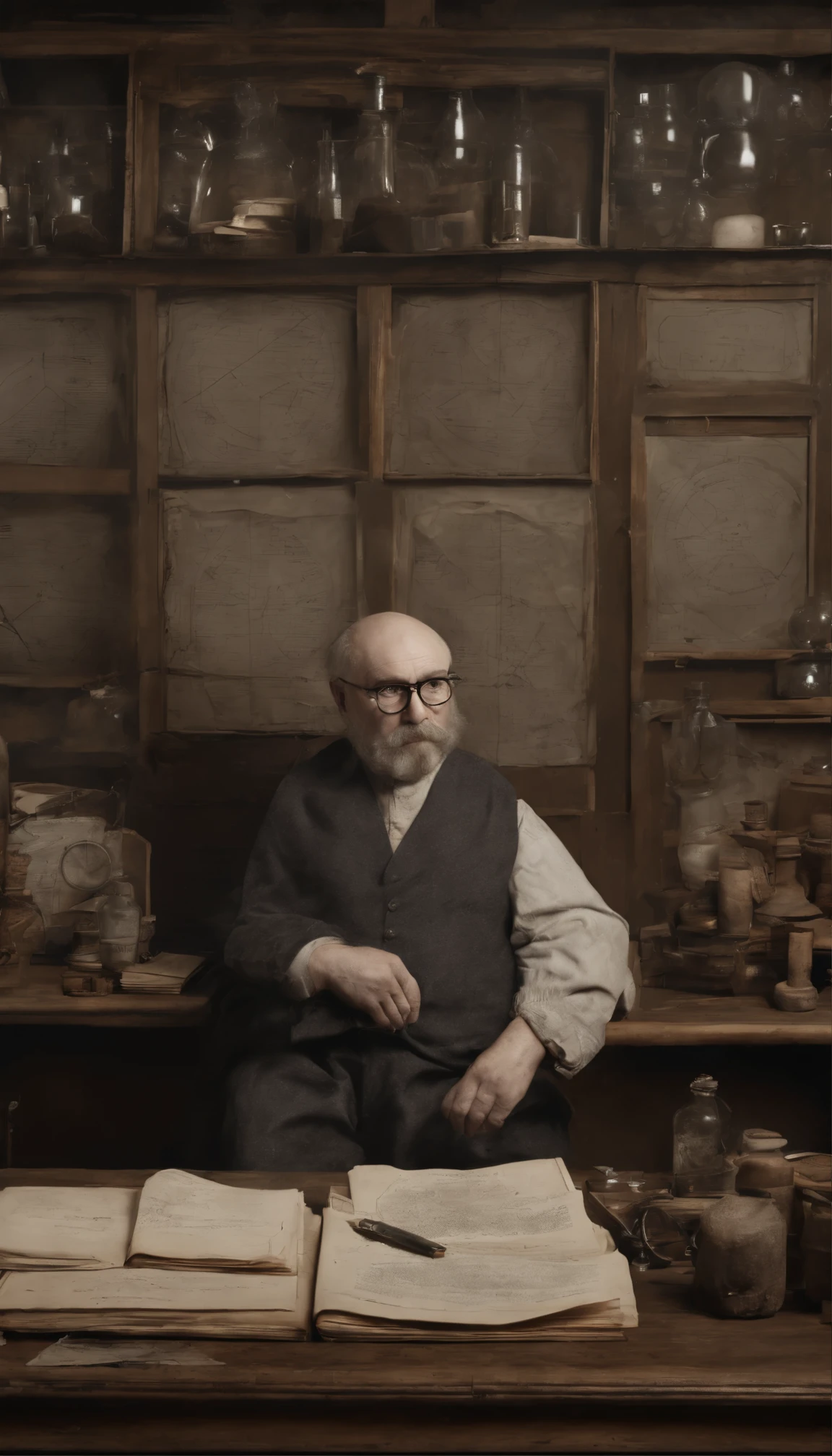 In the middle of a cluttered lab、Wearing thick-framed glasses、A middle-aged scientist with a shaggy beard、He was busy working surrounded by beakers and test tubes.。His workwear is made of grey polyester and synthetic fabrics.、It was covered in dirt and stains from countless experiments.。On the side of his head、He was adorned with unusual tattoos depicting arcane equations and molecular structures.。The room was filled with a strong atmosphere.、The scientist's European features were full of concern and concentration.。 His reflection in the steel mirror、He was a man past his prime.、Still full of determination and curiosity。The mirror in a wooden frame、Shining beautifully