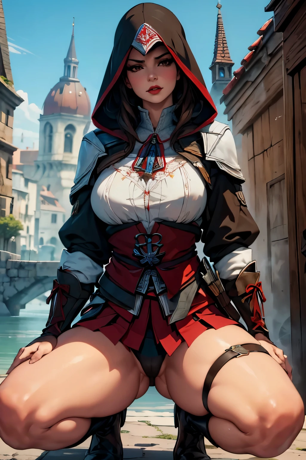 La mujer, Стиль Assassin's Creed, ropa corta, poca ropa, botas hasta la rodilla, Pulseras en las piernas, Ciudad medieval al fondo, Renacimiento, muy detallado, Realistic long-term photography., 4k, pelo largo, brown hair, By the chestnut, labios rojos, Chica con traje de Assassin&#39;s Creed Altair con capucha,hood, capucha, Assassin symbol&#39;s Creed en la cintura, sexy,red lips, brown eyes, big breasts, pechos grandes, breasts, squatting,spread legs,