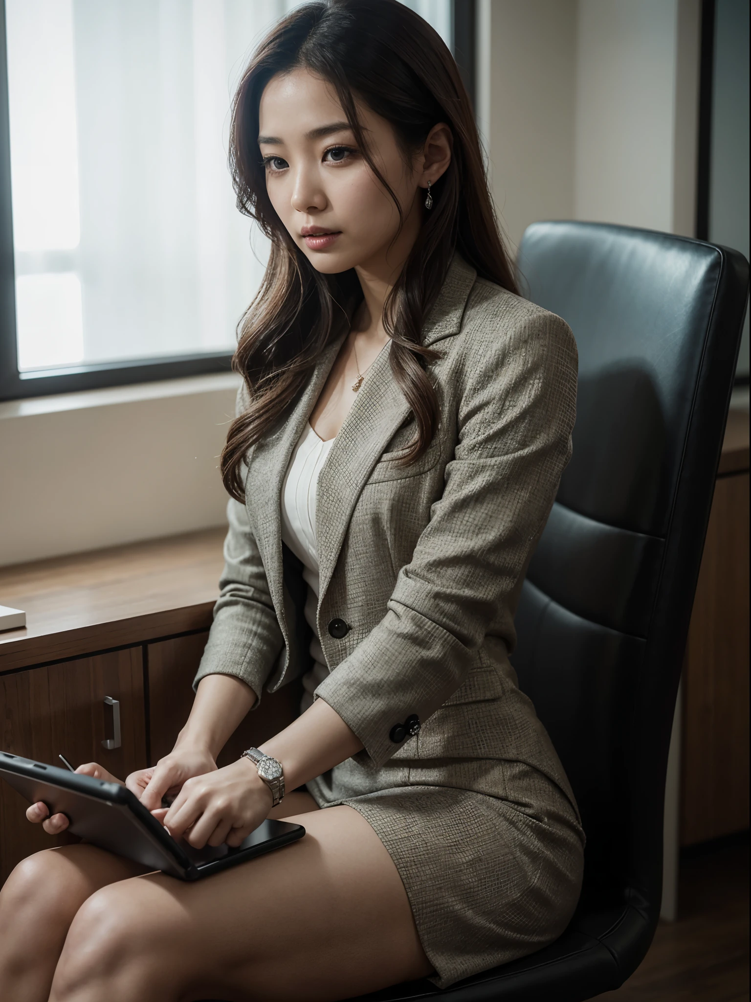 Woman in a suit using a tablet in a room, laboral, sun yunjoo, still from a live action movie, Park Shin Hye as a super villain, dispositivo completo, using a magic tablet, iu lee ji-eun como supervillano, pose de perfil, [ foto realista ]!!, shin min jeong, negocio serio, perezoso, aspecto elegante