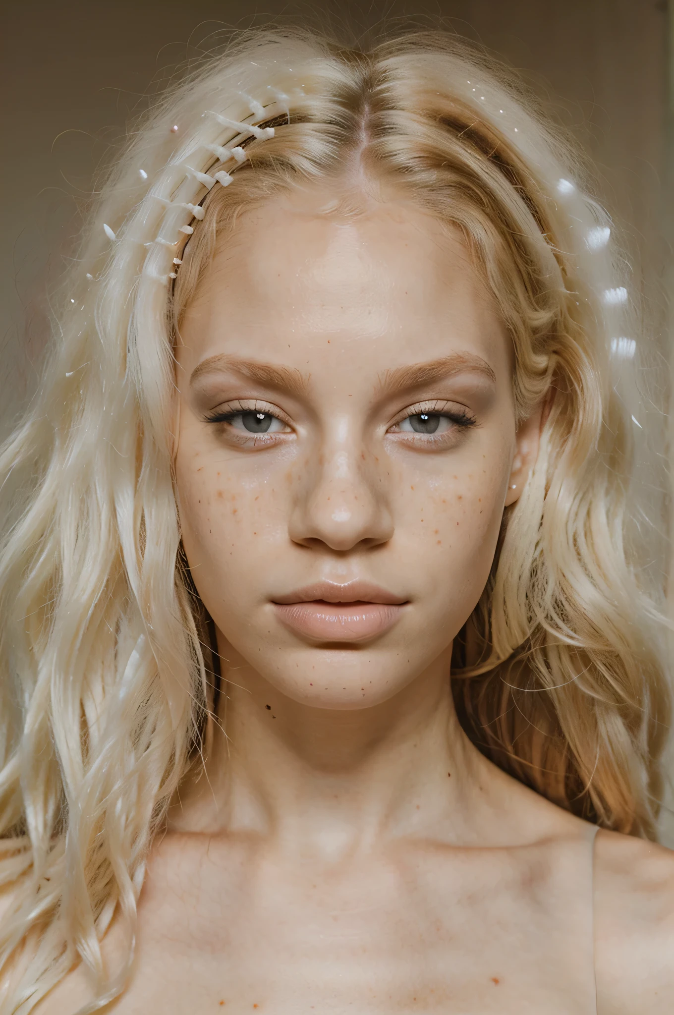 beautiful albino girl with fine facial features, long curly blonde afro, white complexion , freckles, big nose, strong jawline, brown eyes, 21 years old, pale skin, big lips