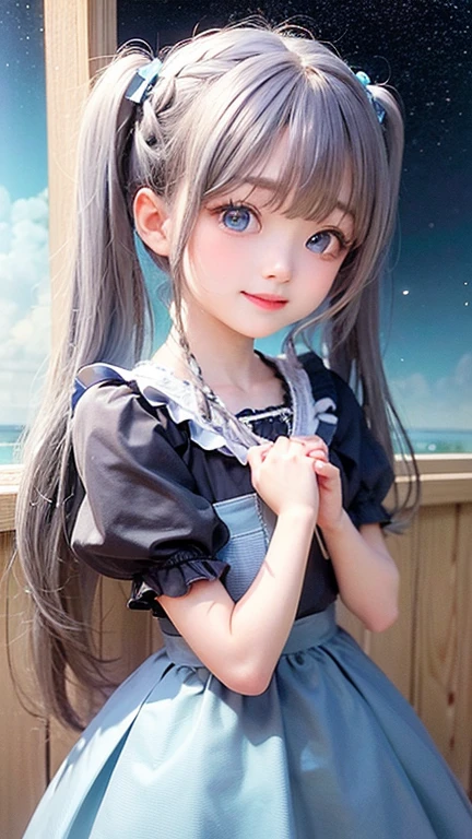 (highest quality, masterpiece), One Girl, Twin tails、stop temporarily, particle, Wind, flower, Upper Body, Simple Background, View audience, , milky way,smile、Turquoise Eyes、(Silver long hair)、Cute ta、Braid、Twin tails、Wind、Crescent Moon