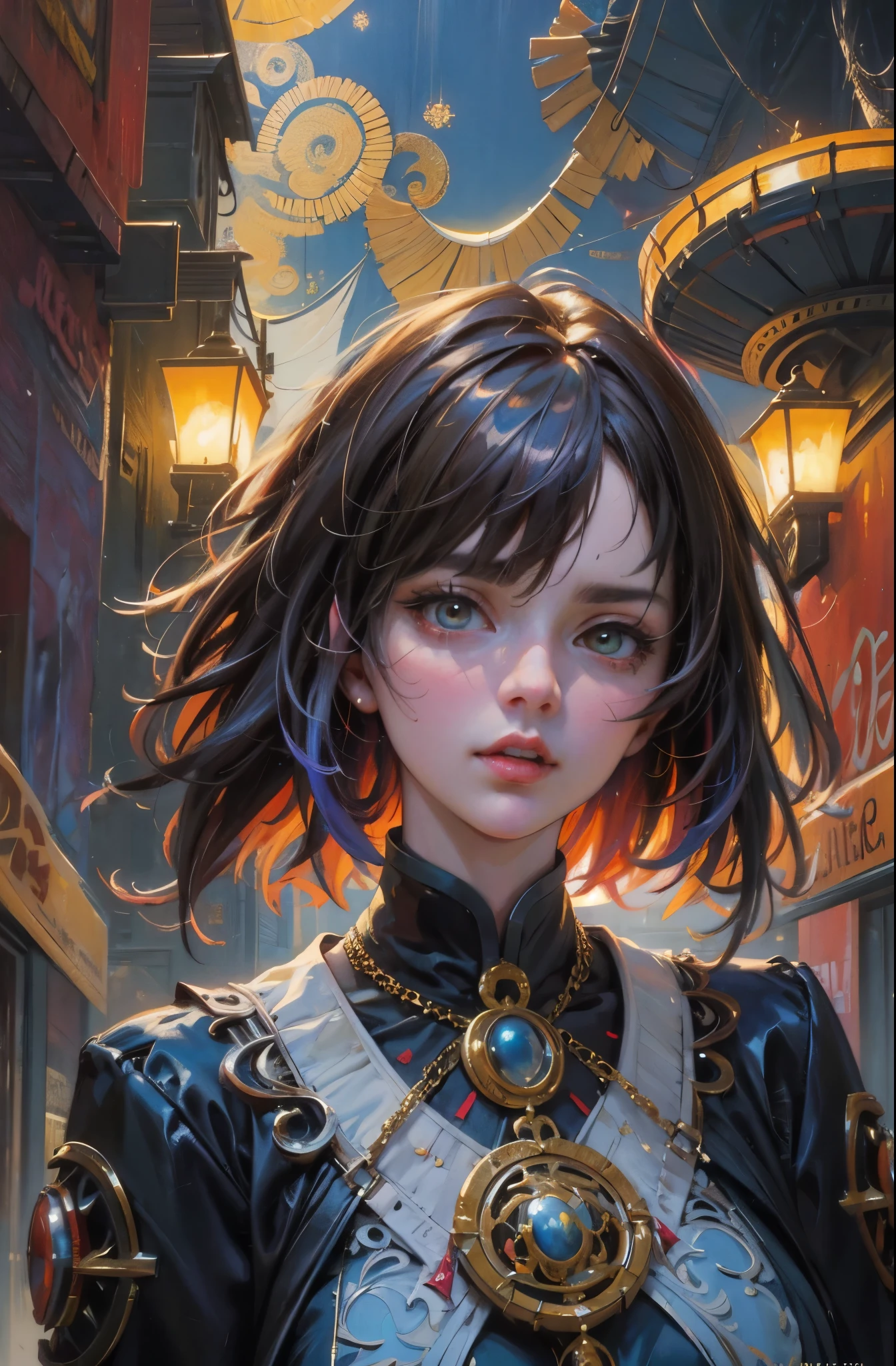 Oil painting, large brushstrokes, Centered, symmetrical, portrait official art, unity 8k wallpaper, ultra detailed, beautiful and aesthetic, masterpiece, best quality, (zentangle, mandala, tangle, entangle), (fractal art:1.3) , extremely detailed, dynamic angle, vivid colours, romanticism, atmospheric, ecstasy of musical notes, streaming musical notes visible. Luminous light. Luminous, 4K, highly detailed Cyberpunk alley at night. Inspired by smeglejj