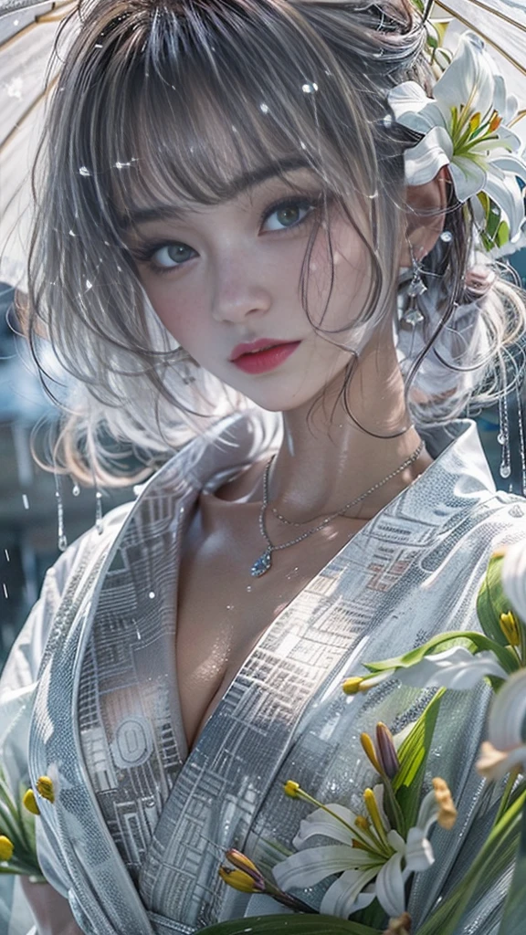 (Realistic:1.3, 16k, highest quality, masterpiece, Ultra-high resolution), ((snow, From below)), Perfect dynamic composition:1.2, (Shrine at night in a modern city, Expressions of sadness:0.9, Low angle shooting:0.9), Highly detailed skin and facial textures:1.2, Young woman getting wet in the rain, Fair skin, Sexy beauty, Incredibly slim body, beautifully、beautiful, Very beautiful face, Water droplets on the skin, (The rain drips down on my body, Wet body, Wet Hair), (Professional kimono dressing:1.0, Holding a bouquet of wet lilies, Wearing a wet silver kimono), (Shapely breasts, Chest gap), (Big eyes that exude beautiful eroticism:0.7, Lips that exude beautiful eroticism:0.7), necklace, Earrings, bracelet, wedding ring, Highly detailed and accurate hand and finger representation