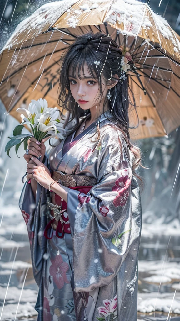 (Realistic:1.3, 16k, highest quality, masterpiece, Ultra-high resolution), ((snow, From below)), Perfect dynamic composition:1.2, (Shrine at night in a modern city, Expressions of sadness:0.9, Low angle shooting:0.9), Highly detailed skin and facial textures:1.2, Young woman getting wet in the rain, Fair skin, Sexy beauty, Incredibly slim body, beautifully、beautiful, Very beautiful face, Water droplets on the skin, (The rain drips down on my body, Wet body, Wet Hair), (Professional kimono dressing:1.0, Holding a bouquet of wet lilies, Wearing a wet silver kimono), (Shapely breasts, Chest gap), (Big eyes that exude beautiful eroticism:0.7, Lips that exude beautiful eroticism:0.7), necklace, Earrings, bracelet, wedding ring, Highly detailed and accurate hand and finger representation
