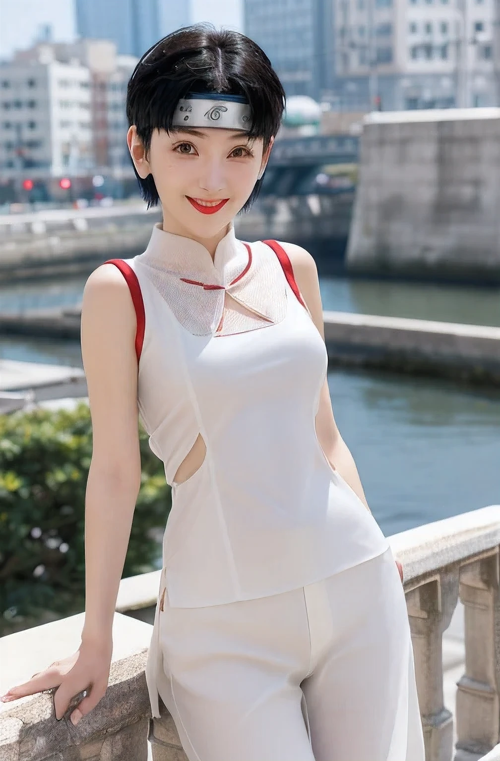 (woman,Japanese cartoons,anime shippuden,Ten Ten:1.1),(short hair,Black Hair),(Brown eyes,Beautiful and delicate eyes,Practical eyes:1.1),(Smile,beautiful detailed Smile:1.1),(White clothes,Practical clothes),(City background,City view),(Ultra Detailed,Extremely detailed:1.2),(Practical,photoPractical:1.37),(Red lips,vivid Red lips)