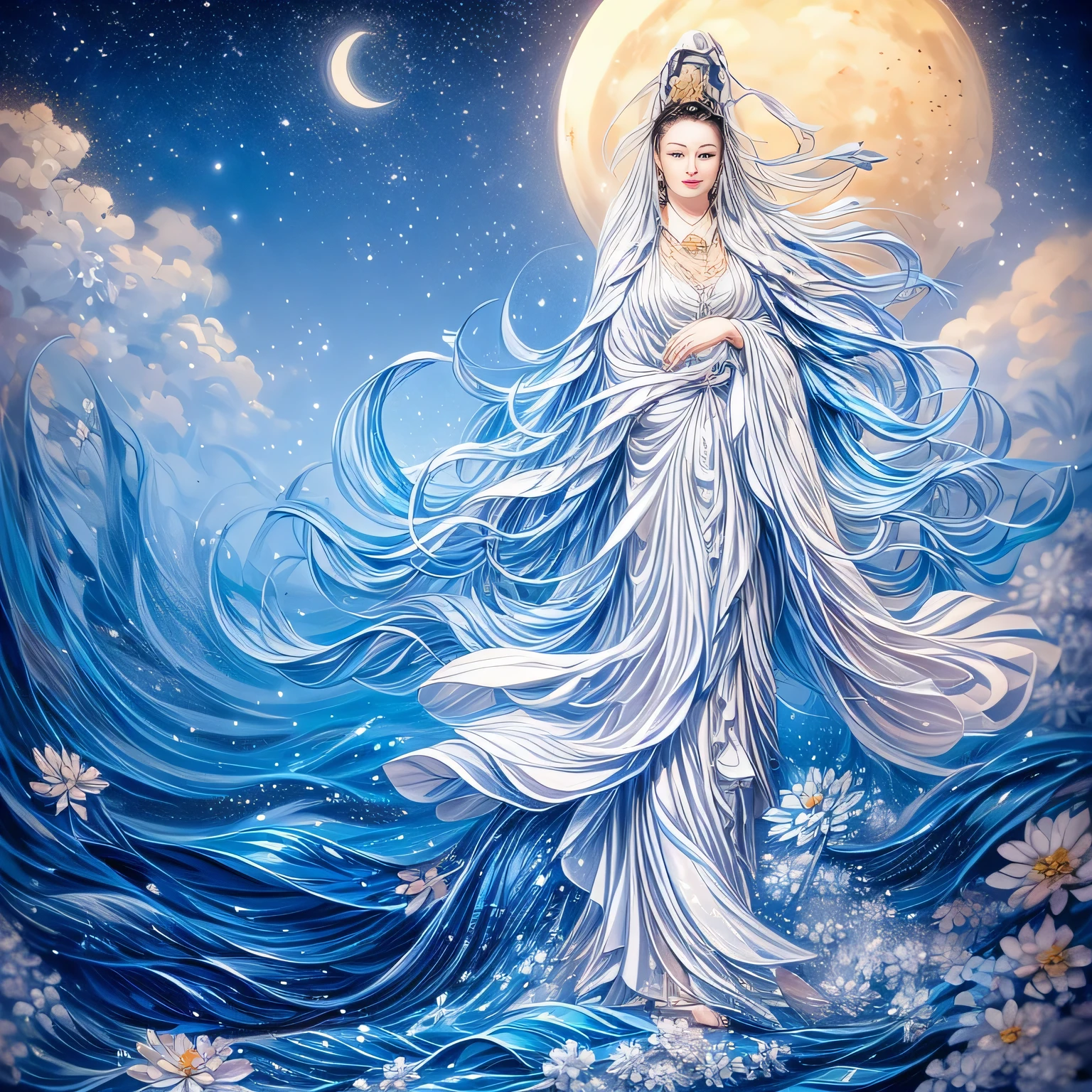 ((best quality)), ((masterpiece)), (detailed) ,
((guanyin,1girl,portrait),water,traditional media,jewelry, moon,flowers),
 (xinjin ,chinese text,  text focus,wall of text),