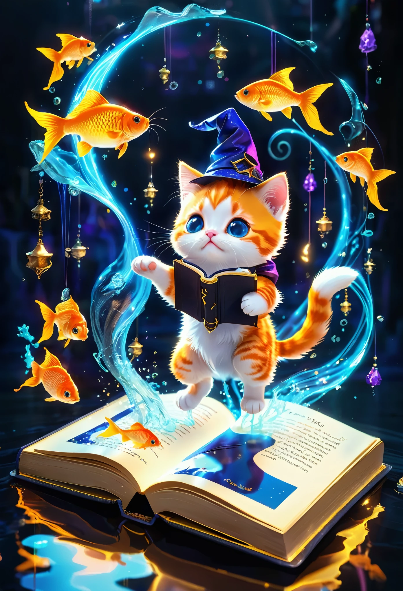 excellent quality, masterpiece, best quality, Super detailed, Super detailed, Ultra HD, Perfect anatomical structure, Magical World,
(Kitten and fish:1.4), Fish in the air, Spell Magic to get fresh fish as food,( Fish jumping out of the magic book:1.3), energy flow,
The whole body of a cute kitten, Kawaii, Wearing witch robes, Witch hat, Holding a magic book, Magic book in a hand, Spell Magic,
Extremely detailed,
Glowing neon lights, luminescent,