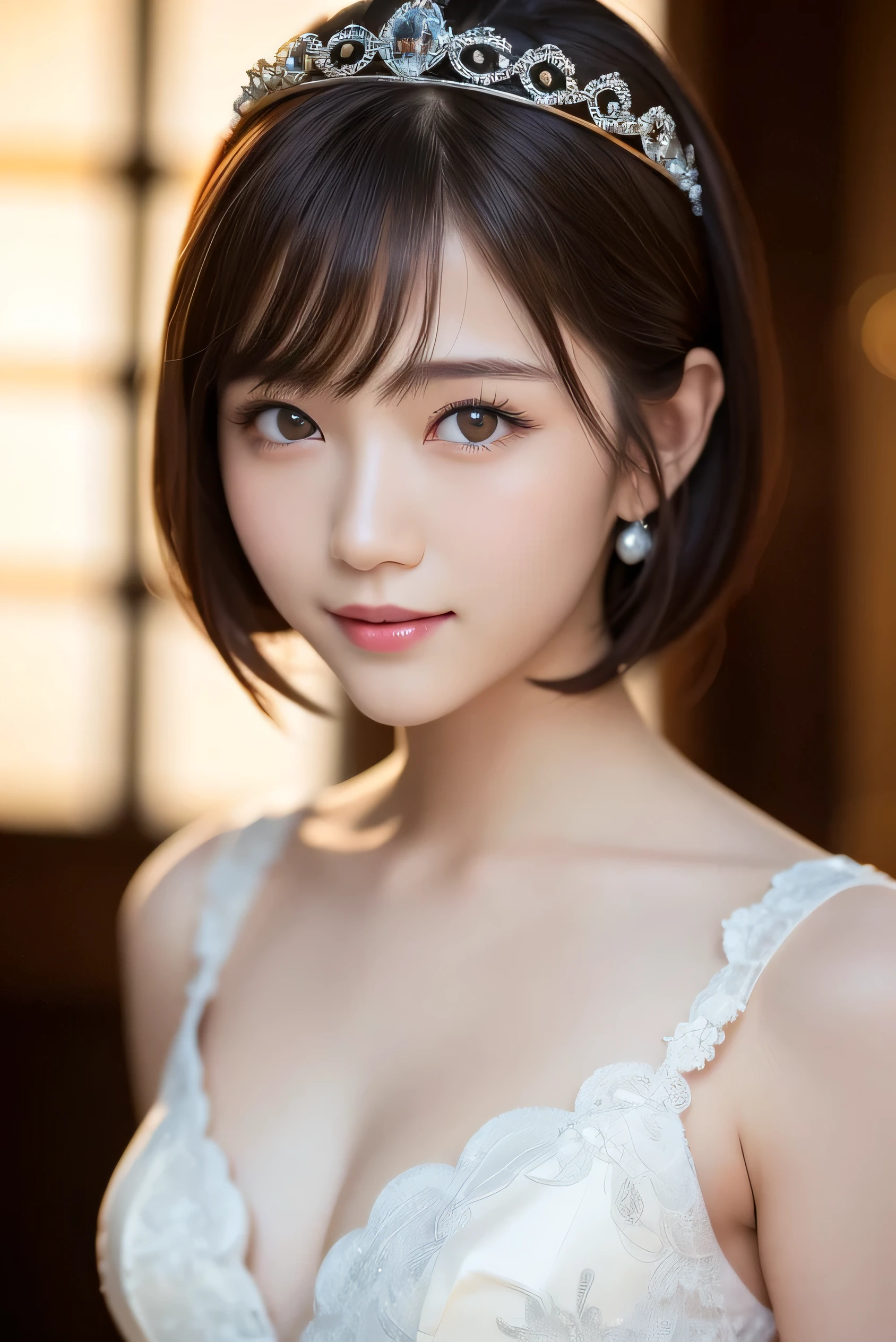 (highest quality:1.5)、(Realistic:1.5)、(1 person:1.5)、(Medium Shot:1.5)、Very detailed、High resolution、8k wallpaper、、Small breasts、Natural color lips、Cute Smile、Japanese women、20-year-old girl、Beautiful and elegant face、Perfect and beautiful face、Big eyes、Brunette's eyes、Beautiful and elegant face、Perfect and beautiful double eyelids、Natural Bangs、Beautiful thin nose、Beautiful Skin、chestnut brown hair、Medium Bob Hair、Shortcuts、Natural Bangs、Perfect and beautiful face、Slim face and figure、(looking at the camera)、Bright lighting、Professional Lighting、Forward lighting、Natural smile、church、princess-Line wedding dress、tiara、Beautiful cleavage、