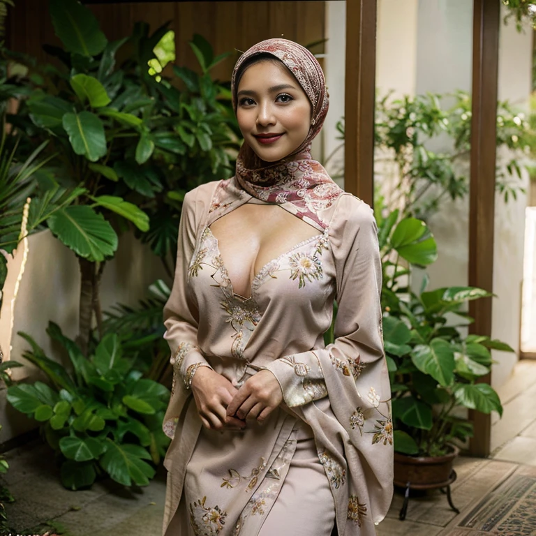 Best quality, masterpiece, realistic photos, intricate details, original photos, wearing tranparant floral gamis, gamis unbuttoned loose opend, no bra the breasts are clearly visible in detail and the nipples are clearly visible in detail, (cleavage cutout)ultra-detailed, detailed faces, detailed skins, 8k masterpieces, cinematic lighting, ((1girl)), ((solo)), firm push-up breasts, nude breasts, slim and slender body, long hijab, eid mubarak in malay village, lustfull smile, seducting look, full body photo shoot