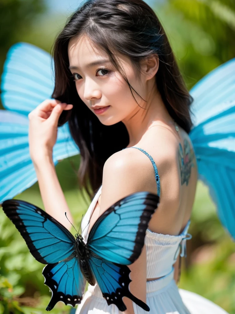 A girl with a tattoo of a blue butterfly, a large blue butterfly perched on her finger, full body