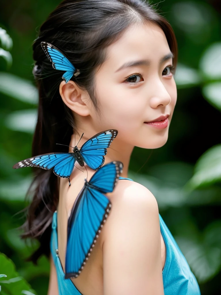 A girl with a tattoo of a blue butterfly, a large blue butterfly perched on her finger, full body