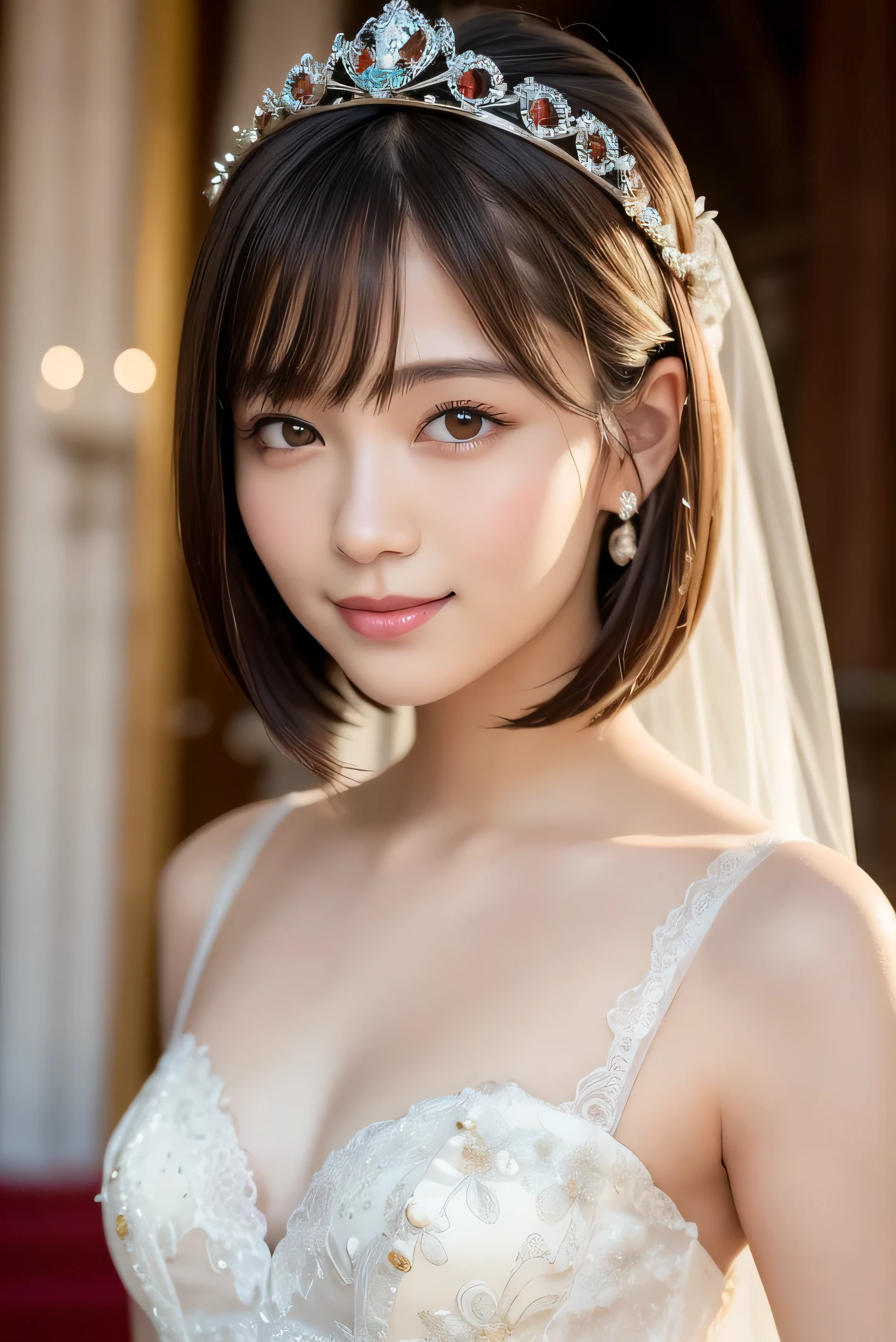 (highest quality:1.5), (Realistic:1.5), (1 person:1.5), (Medium Shot:1.5), Very detailed, High resolution, 8k wallpaper, , Small , Natural color lips, Cute Smile, Japanese women, 20-year-old girl, Beautiful and elegant face, Perfect and beautiful face, Big eyes, Brunette's eyes, Beautiful and elegant face, Perfect and beautiful double eyelids, Natural Bangs, Beautiful thin nose, Beautiful Skin, chestnut brown hair, Medium Bob Hair, Shortcuts, Natural Bangs, Perfect and beautiful face, Slim face and figure, (looking at the camera), Bright lighting, Professional Lighting, Forward lighting, Natural smile, church, princess-Line wedding dress, tiara,