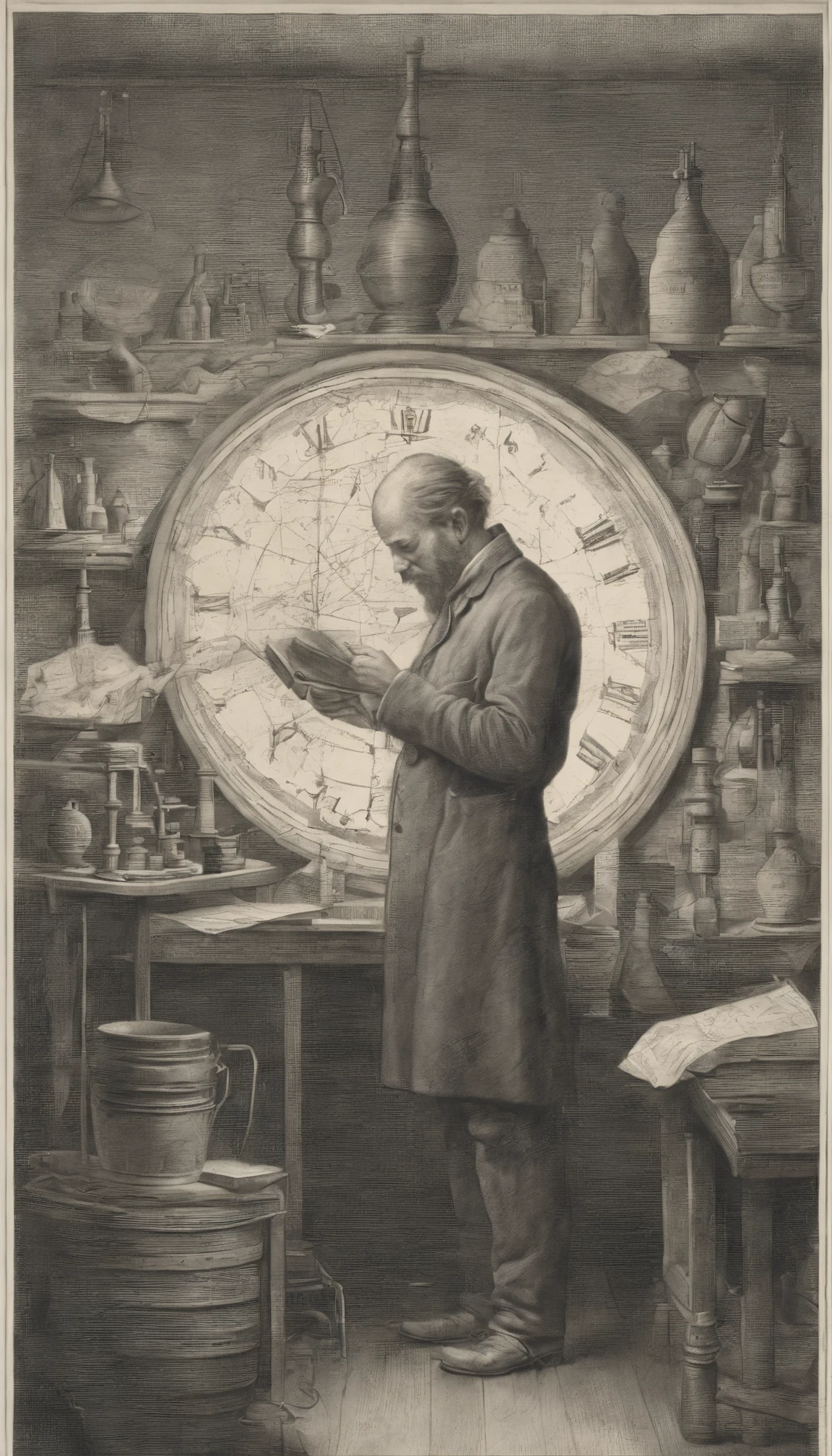 In the middle of a cluttered lab、Wearing thick-framed glasses、A middle-aged scientist with a shaggy beard、He was busy working surrounded by beakers and test tubes.。His workwear is made of grey polyester and synthetic fabrics.、It was covered in dirt and stains from countless experiments.。On the side of his head、He was adorned with unusual tattoos depicting arcane equations and molecular structures.。The room was filled with a strong atmosphere.、The scientist&#39;s European features were full of concern and concentration.。 His reflection in the steel mirror、He was a man past his prime.、Still full of determination and curiosity。The mirror in a wooden frame、Shining beautifully