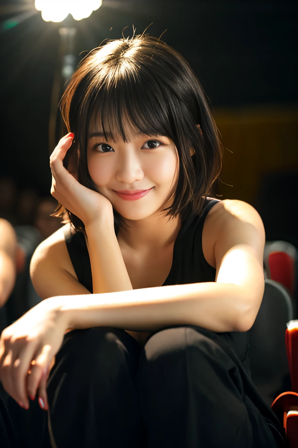 One girl, Short Bob Hair,Put your hair on your ears,Black Hair,smile, summer, room,Sitting on the sofa,5th grade elementary school,front,Dark blue tank top,skirt,Down to the feet,Pure,Healthy Beauty,transparent, (masterpiece, Highest quality), Soft Light, Structure of the film, Like in the movies