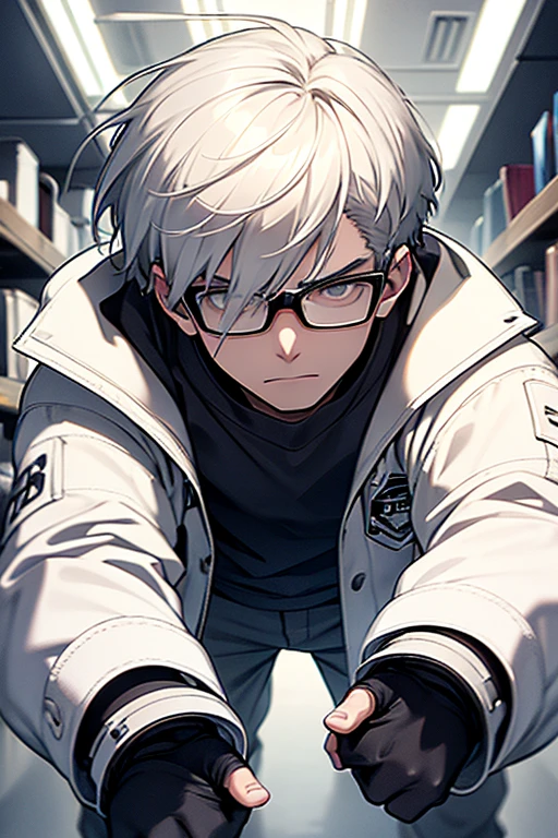 monochrome,masterpiece, male focus,white hair, hair over eyes, very short hair, a man wearing white coats,18 age, angry, horrified, from below, sideways, wide shot, masterpiece, ccurate, anatomically correct, super detail, high details, high quality, highres, best quality, 4K, UHD,glasses,solo,Laboratory,full body,Hold the hem of your own clothes,close up hand,