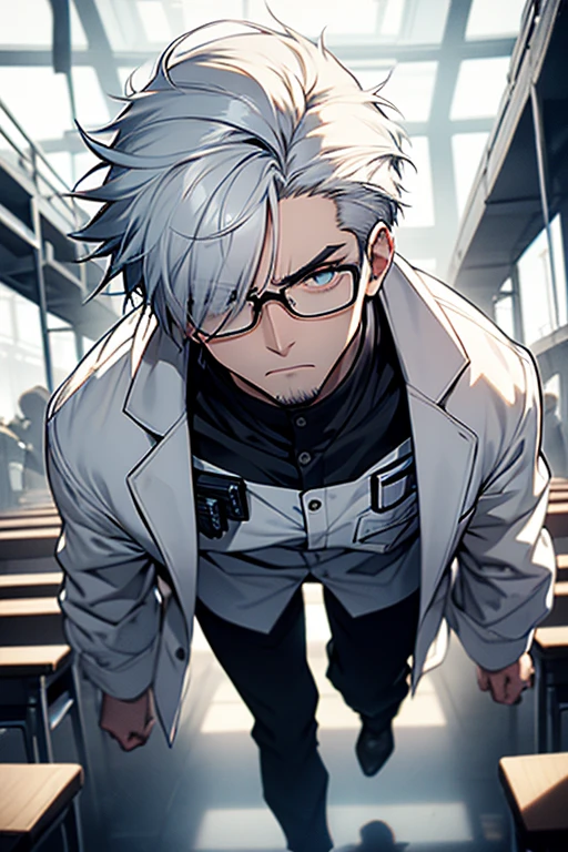 monochrome,masterpiece, male focus,white hair, hair over eyes, very short hair, a man wearing white coats,18 age, angry, horrified, from below, sideways, wide shot, masterpiece, ccurate, anatomically correct, super detail, high details, high quality, highres, best quality, 4K, UHD,glasses,solo,Laboratory,full body,Hold the hem of your own clothes,close up hand,