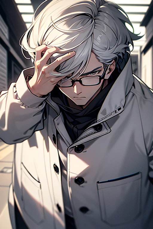monochrome,masterpiece, male focus,white hair, hair over eyes, very short hair, a man wearing white coats,18 age, angry, horrified, from below, sideways, wide shot, masterpiece, ccurate, anatomically correct, super detail, high details, high quality, highres, best quality, 4K, UHD,glasses,solo,Laboratory,full body,Hold the hem of your own clothes,close up hand,