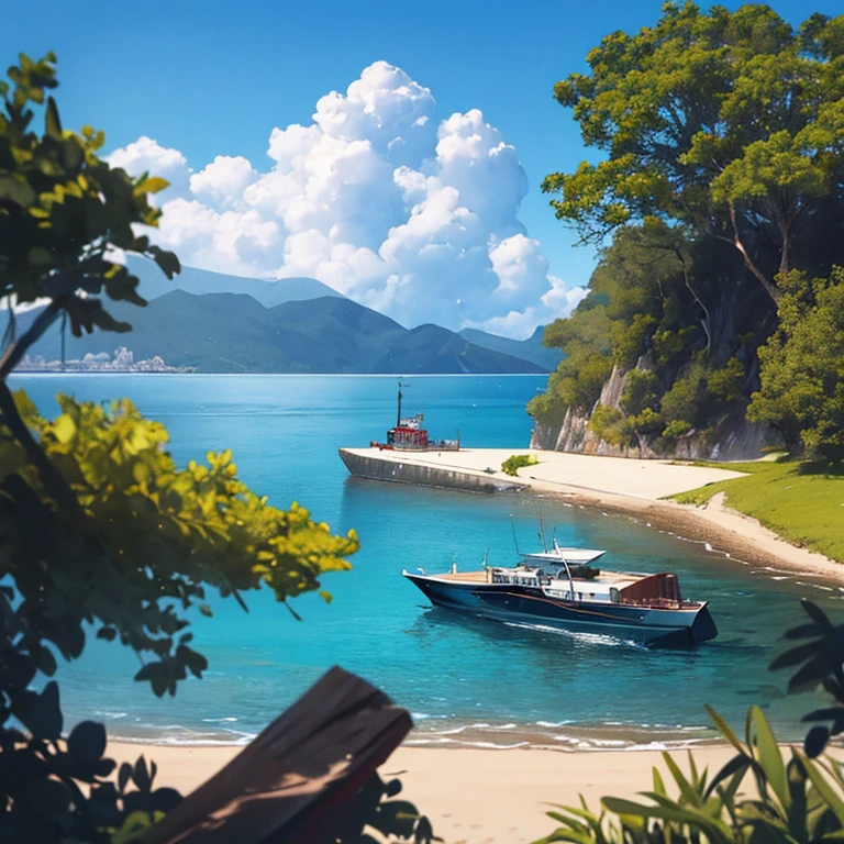 there is a boat that is in the water near a grassy area, a portrait by Nándor Katona, instagram, belas artes, navio pirata ao fundo, shot from 50 feet away, Visualizar, pirate scene, From a distance, Visualizar From a distance, paradise in the background, tirada no iphone 14 pro, Description, baleado From a distance