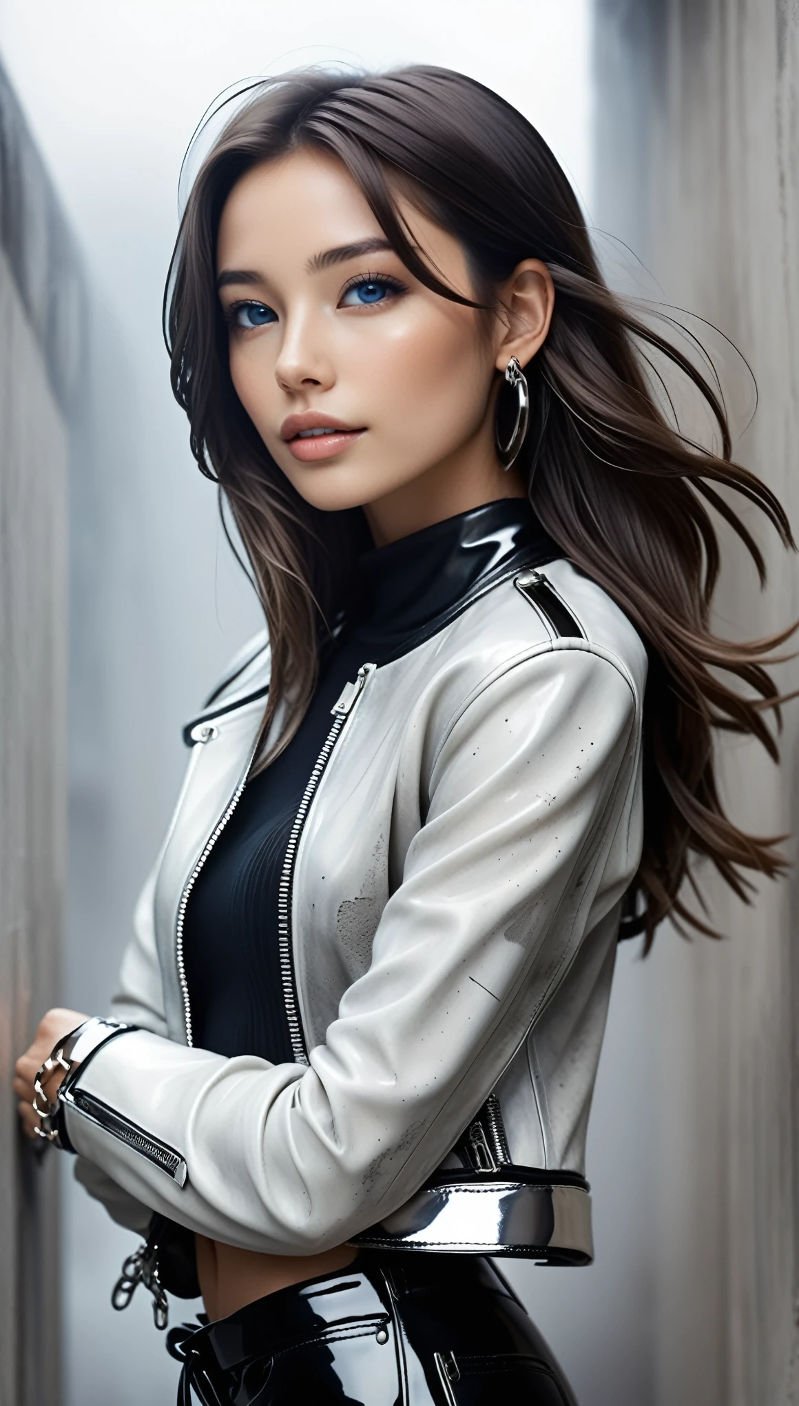 masterpiece, Best Quality, Realistic, wide angle, all body shot, Futuristic fashion portrait,
BREAK
beautiful young woman, ig model, render of april, (wide angle, all body shot, from below, standing:1.6),
BREAK
(Detailed bodyline, Detailed legs and calves), exuding a sculptural beauty, bold exposure, (ultra slim waist, firm medium breasts, medium buttocks, beautiful sexy legs:1.2), cameltoe, White and beautiful Silky skin, thin and beautiful neck, arranged gray hair, small head,
BREAK
(Detailed wear, all body:1.2),
sleek white leather jacket featuring bold black graffiti prints for an edgy vibe,
Layer over a sheer, see-through black mesh top with intricate geometric patterns for added texture,
Pair with high-waisted black leather pants adorned with silver zipper details for a statement look,
BREAK
Accessorize with chunky silver chain bracelets and oversized hoop earrings for a touch of urban glamour,
Complete the ensemble with platform high-cut sneakers in black patent leather, featuring thick white soles for a futuristic twist,
BREAK
Style hair in a messy, tousled bob with hints of white and black streaks for a dynamic look,
Opt for minimal makeup with a focus on dramatic black eyeliner and glossy nude lips for a chic finish,
BREAK
Strike a confident pose with an air of effortless coolness, embodying the spirit of street-chic fashion with a high-fashion twist,
BREAK small head, Detailed face, cute and Pretty slim face, Duck mouth, perfect beautiful Tooth, blue eyes, half open eyes, shiny eyes, looking viewer,
(in a concrete, fog, mist, Realistic black Shadow:1.9)