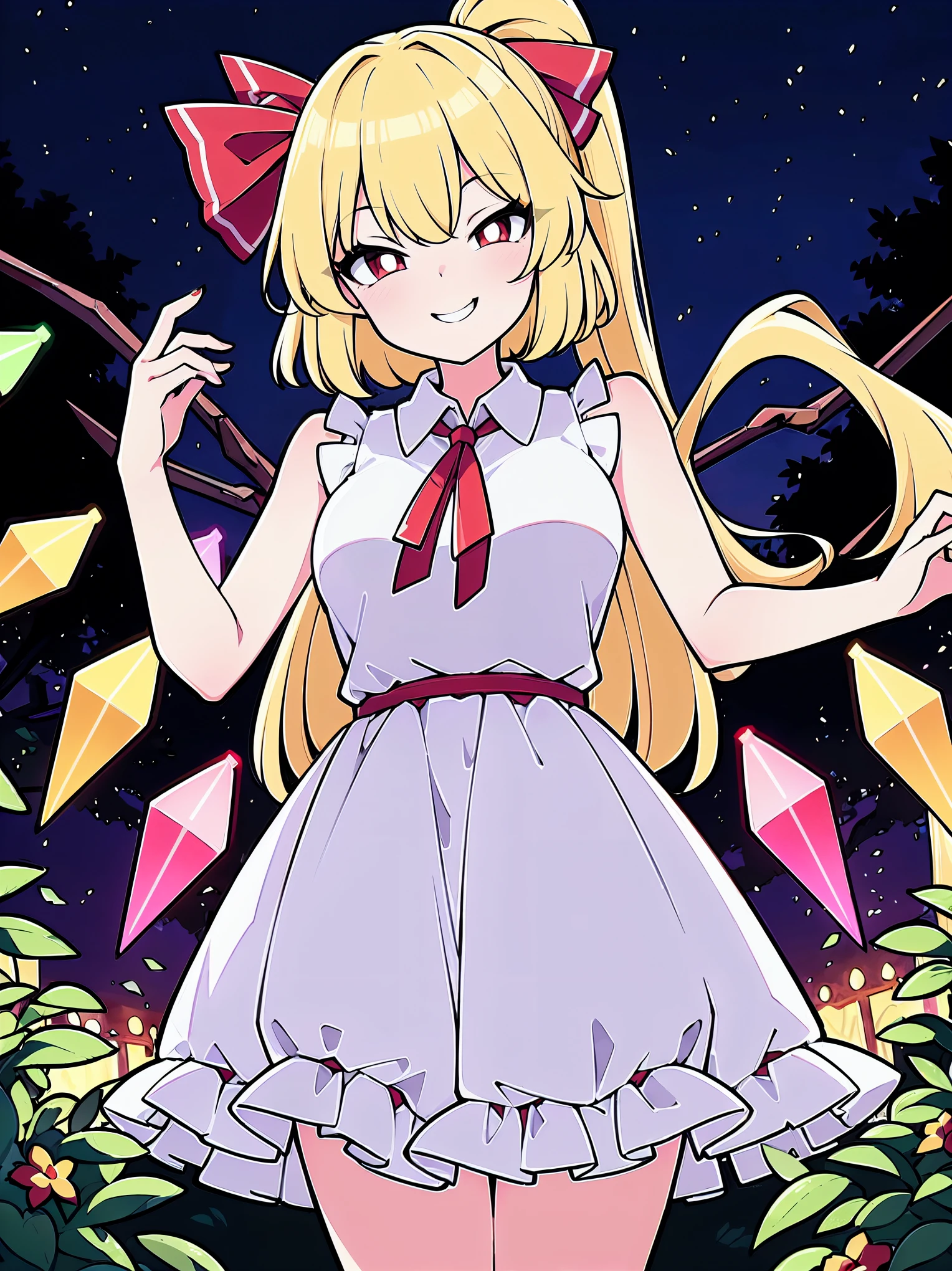 (cowboy shot), (colorful:1.1), vibrant color, (ultra-high resolution, depth of field:1.2), (Flandre scarlet), (1woman), (adult), in her 20s, Touhou project, (medium breasts:1.4), (red eyes), white pupils, glowing eyes, (blonde hair), (forehead), ponytail, (bangs), red ribbon, (intricate white sundress), (wearing a white sundress:1.2), frills, off shoulders, long skirt, seductive smile, (grinning), squinting eyes, head slightly tilting to the side, garden scenery, night