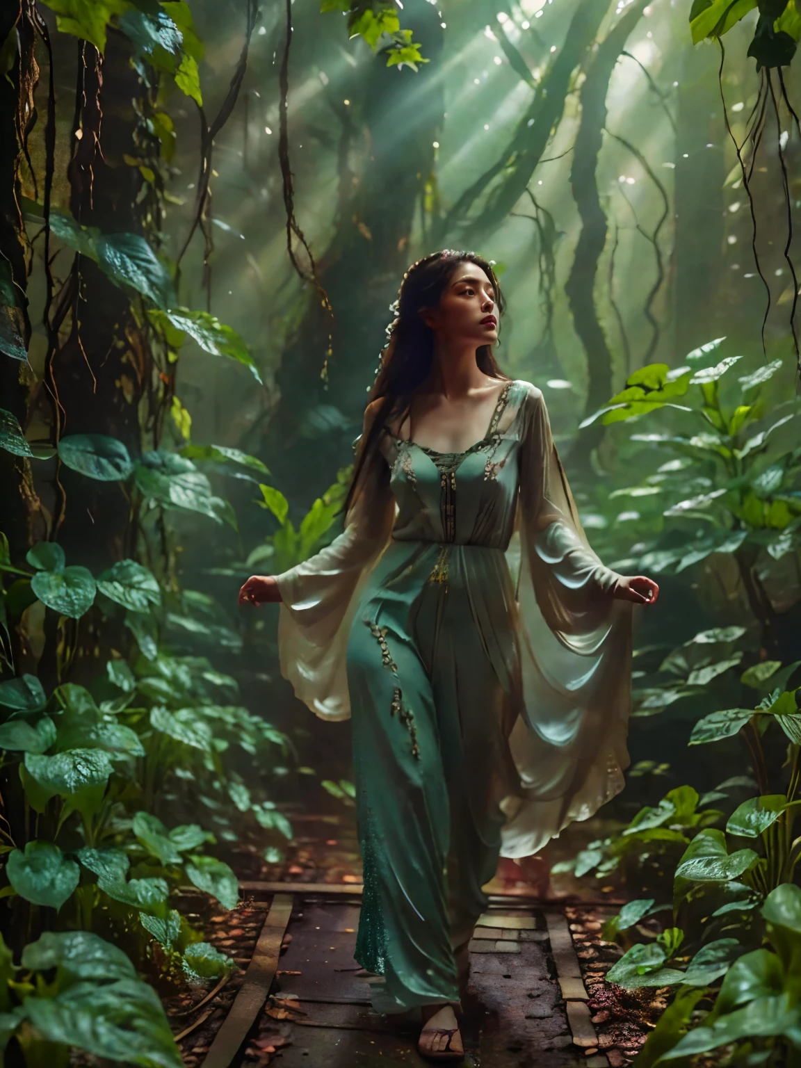 (best quality,4k,8k,highres,masterpiece:1.2),ultra-detailed,realistic:1.37,a girl in the primeval forest,anatomically correct,beautiful,demonic,seductive,depth of field,tight-fitting pants,lush greenery,ethereal atmosphere,dappled sunlight,whimsical flora,wild flowers,dense foliage,ancient trees,majestic ferns,vibrant moss-covered rocks,ethereal fog,dark shadows,serene ambience,mysterious aura,mystical creatures peeking from the shadows,dreamlike surroundings,enchanted forest,quiet whispers of nature,subtle hint of magic,gentle rustling of leaves,magical rays of sunlight piercing through the canopy,enchanted realm,tranquil haven,mesmerizing beauty,harmonious blend of textures and colors,majestic splendor,hushed tranquility