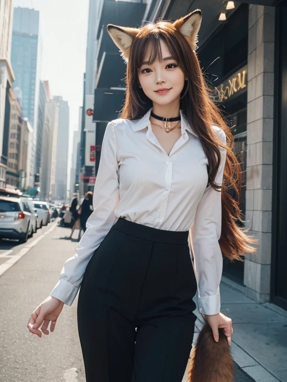 ((highest quality, 32k)), ((masterpiece)), (Get used to it), Perfect Face, Fox Girl, Beautiful woman, public, There is a tail, she has a fox tail, She wags her fluffy tail, smile, collar, She wears a business suit, Beautiful hip line, A tail sticking out from a business suit
